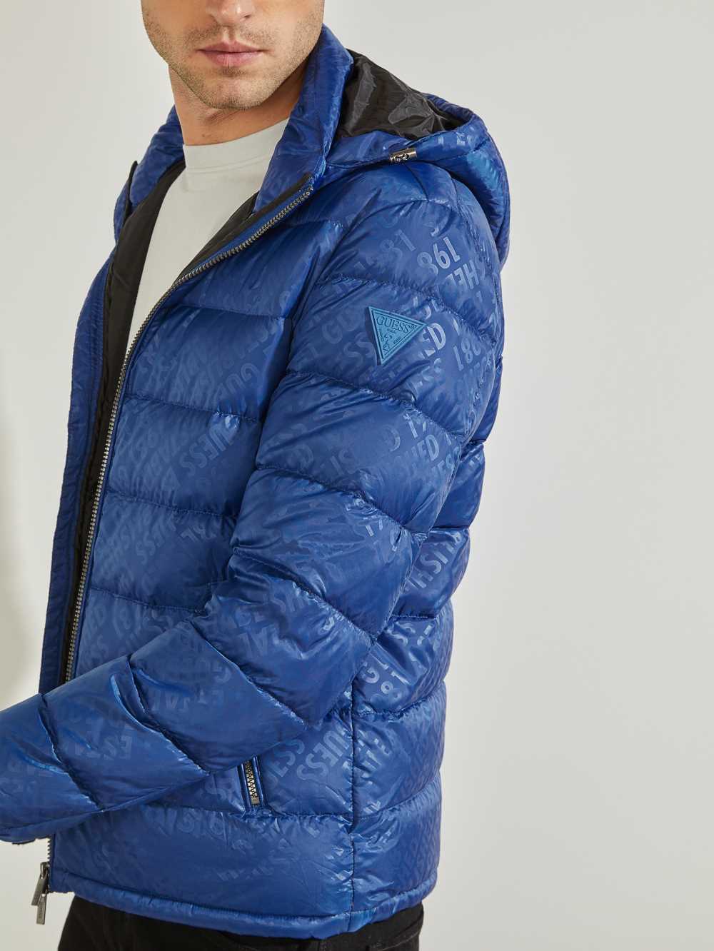 Blue Men's Guess Logo Down Puffer Jackets Australia Sale | 160NOYDJR