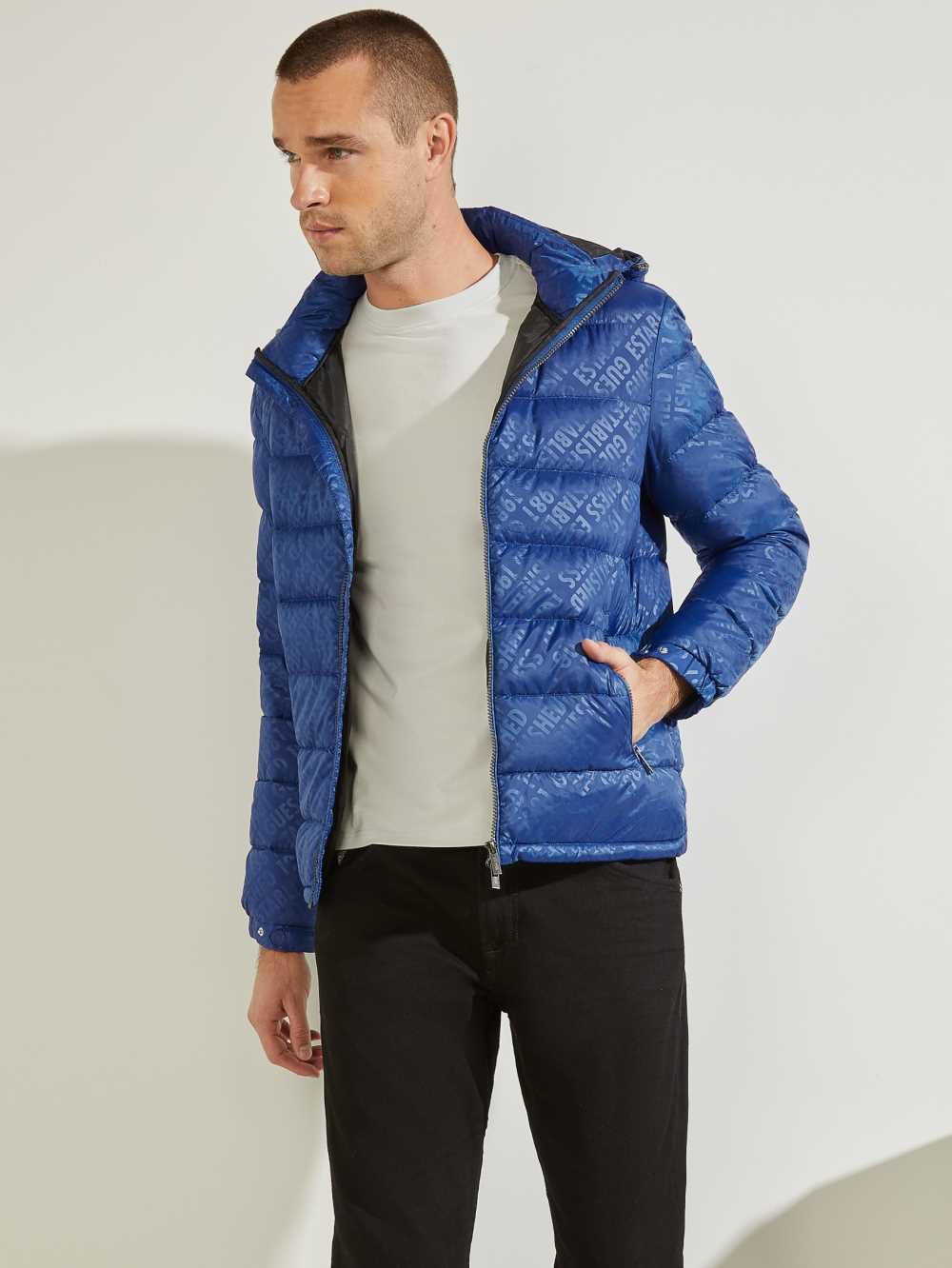 Blue Men's Guess Logo Down Puffer Jackets Australia Sale | 160NOYDJR