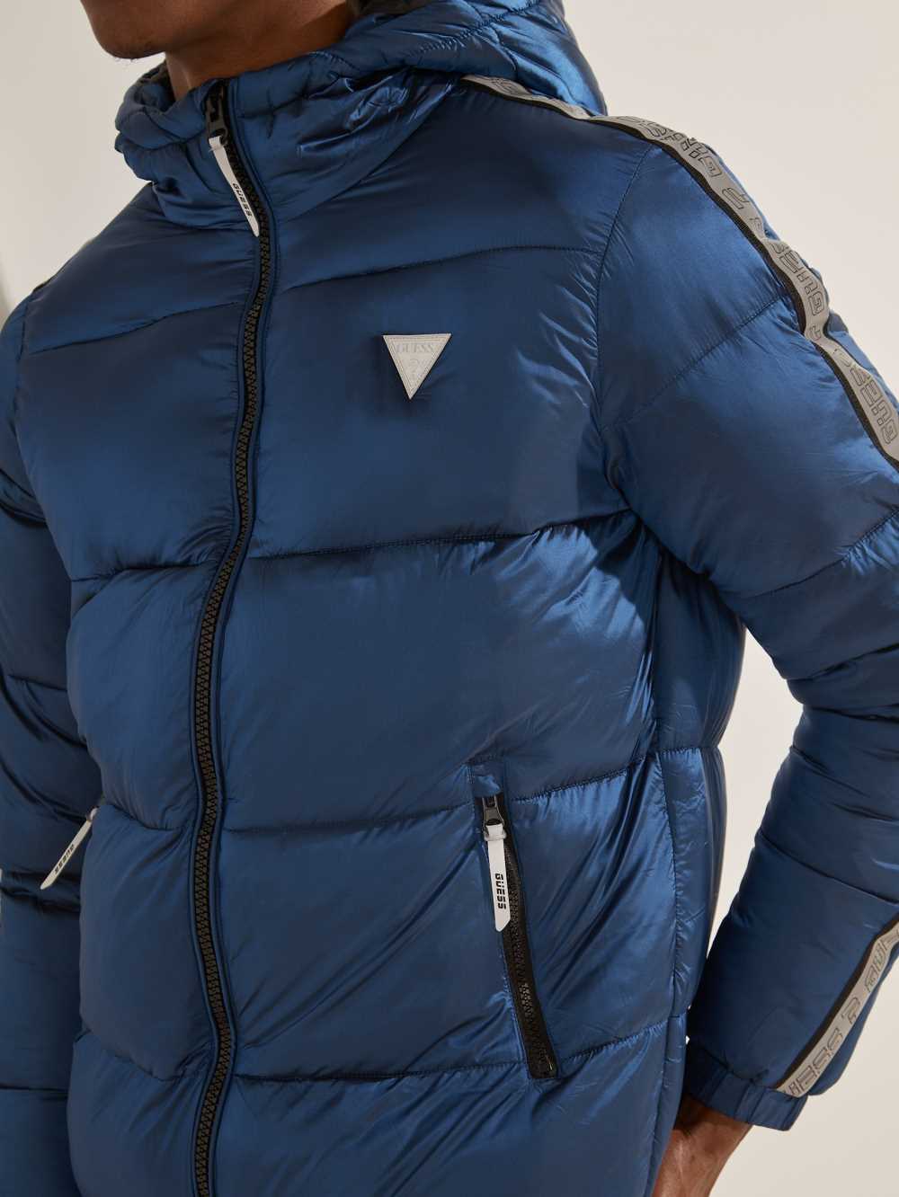 Blue Men's Guess Logo Nylon Puffer Jackets Australia Sale | 296PFJMKS