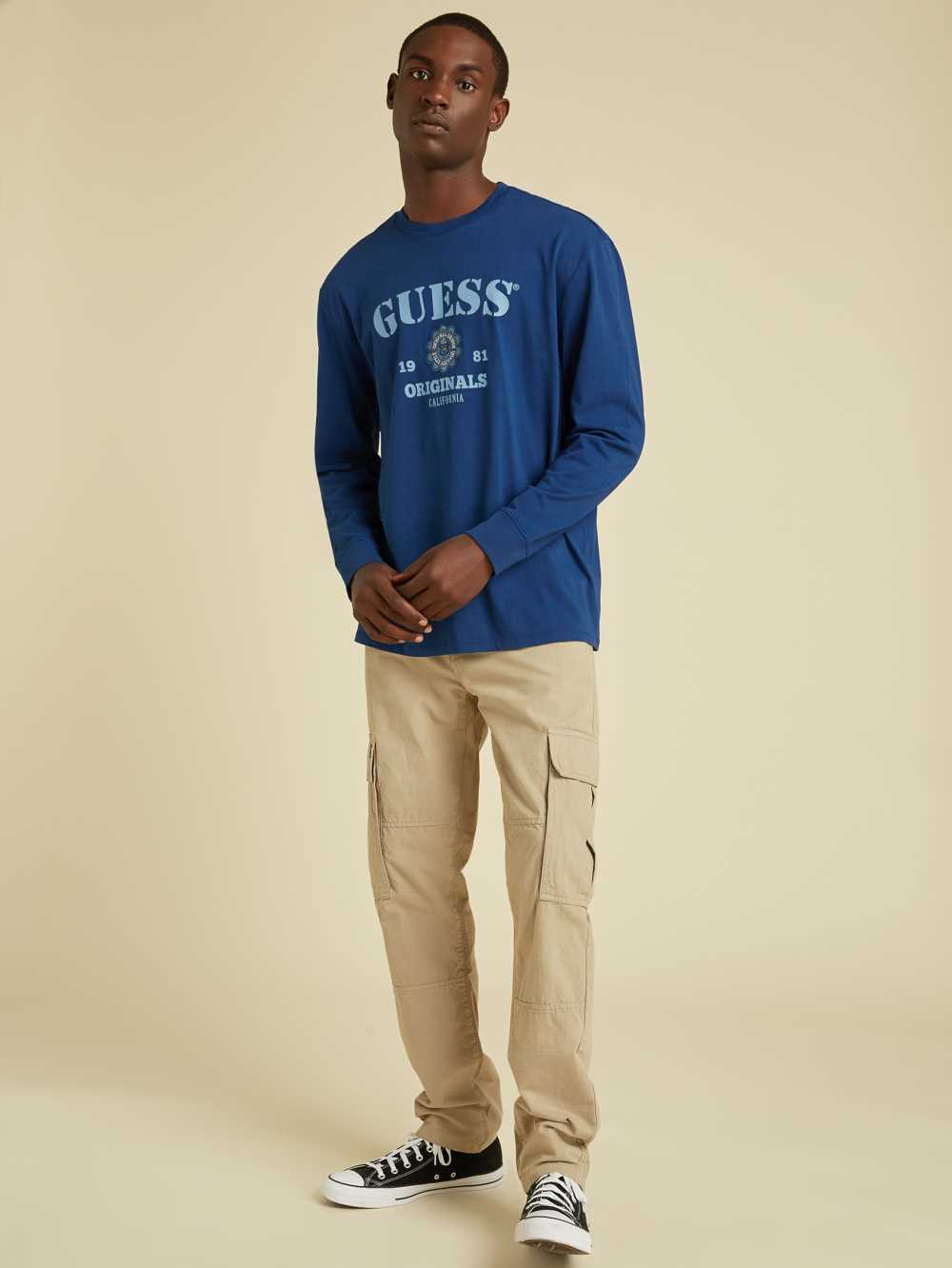 Blue Men's Guess Originals Logo Long Sleeve T-shirt Australia Sale | 310OSZRYJ