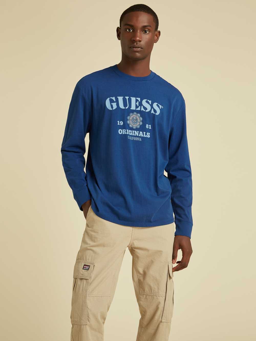 Blue Men\'s Guess Originals Logo Long Sleeve T-shirt Australia Sale | 310OSZRYJ