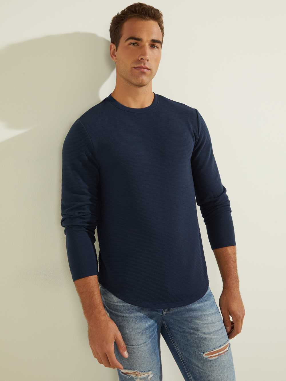 Blue Men\'s Guess Textured Jersey Crewneck Sweatshirt Australia Sale | 640KLUQNO