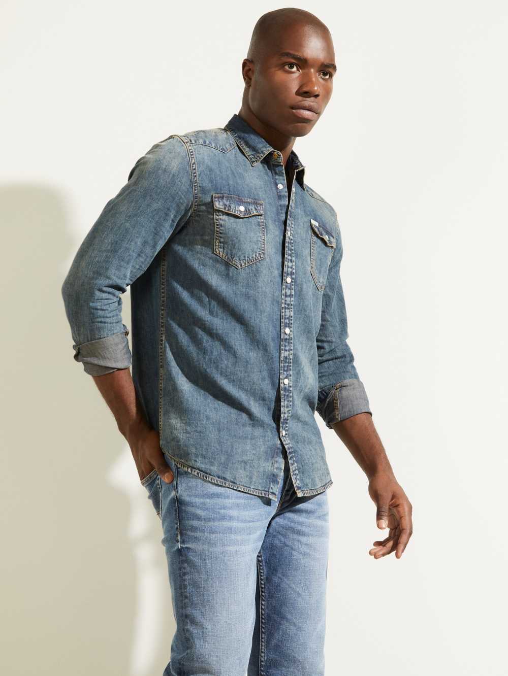 Blue Men's Guess Truckee Denim Western Shirts Australia Sale | 240QDVBXM