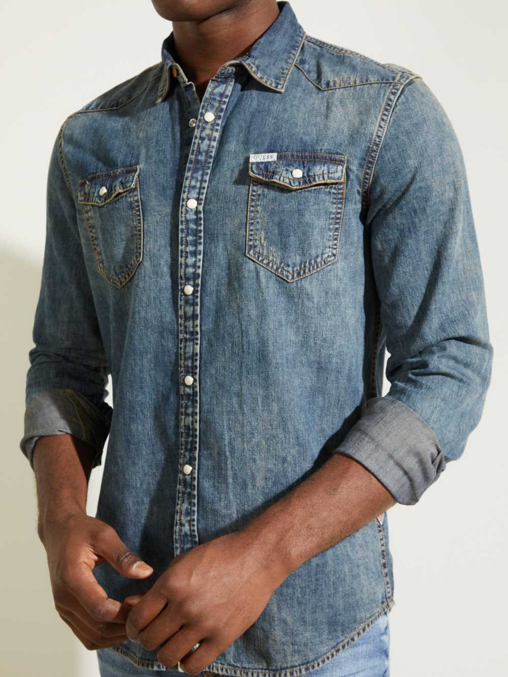 Blue Men's Guess Truckee Denim Western Shirts Australia Sale | 240QDVBXM