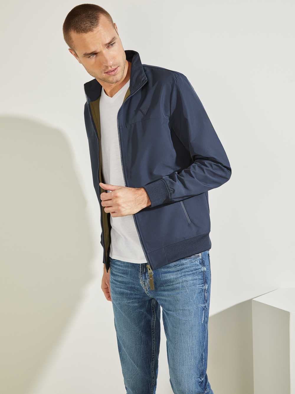 Blue Olive Men's Guess Amos Bomber Jackets Australia Sale | 853UITEQP