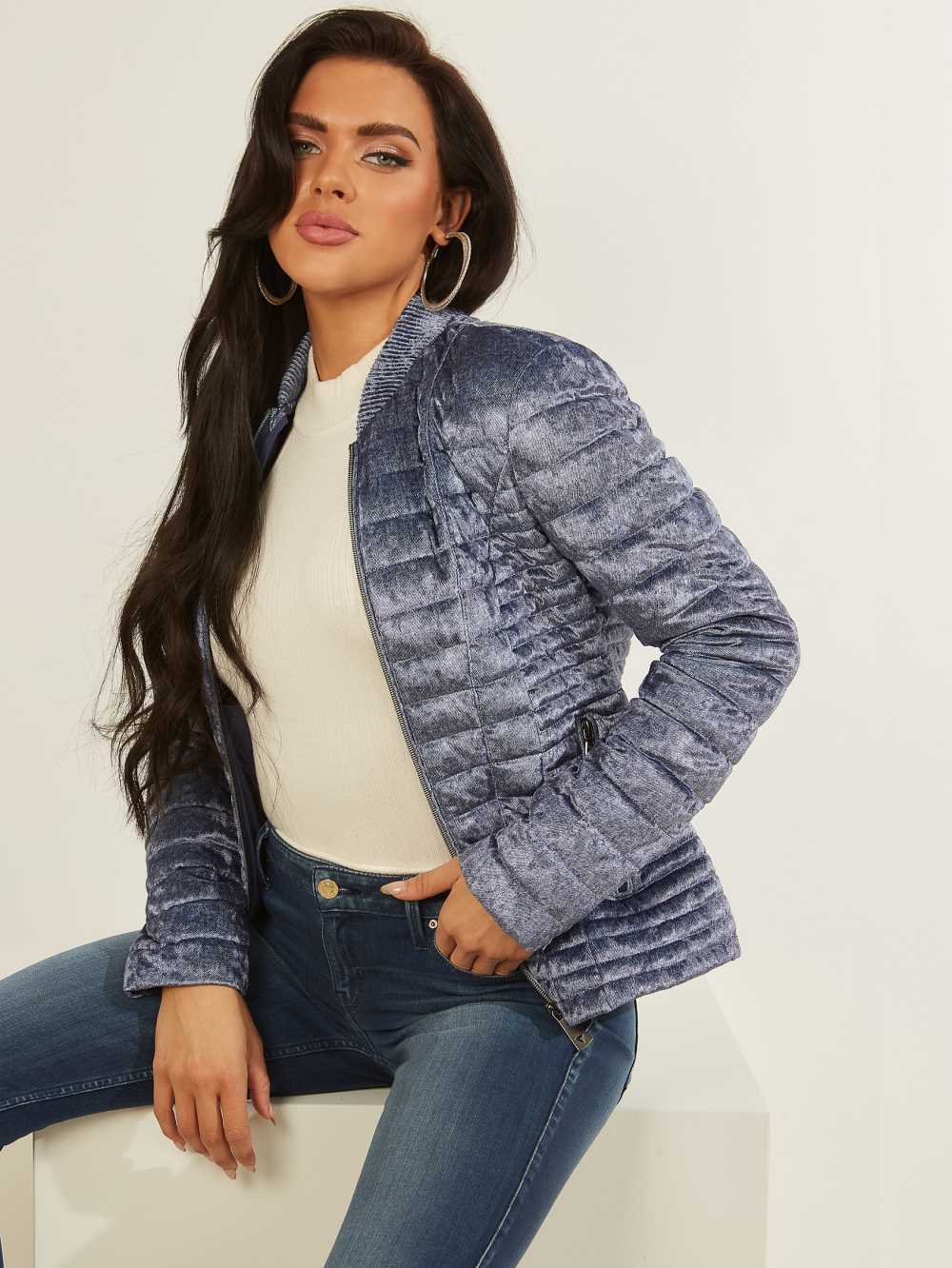 Blue Women\'s Guess Vera Velvet Quilted Jackets Australia Sale | 958RYPJVZ