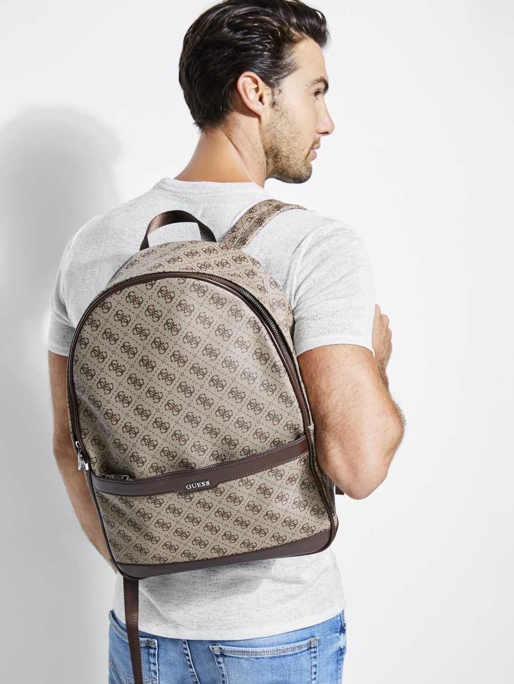 Brown Men's Guess Kevin Logo-Print Backpack Australia Sale | 284WXCILJ