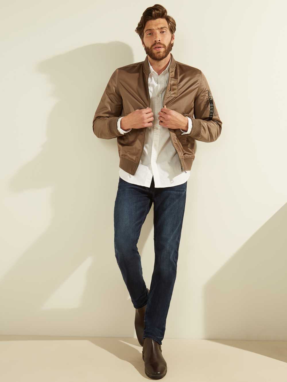 Brown Men's Guess Satin Bomber Jackets Australia Sale | 268VWDNKB