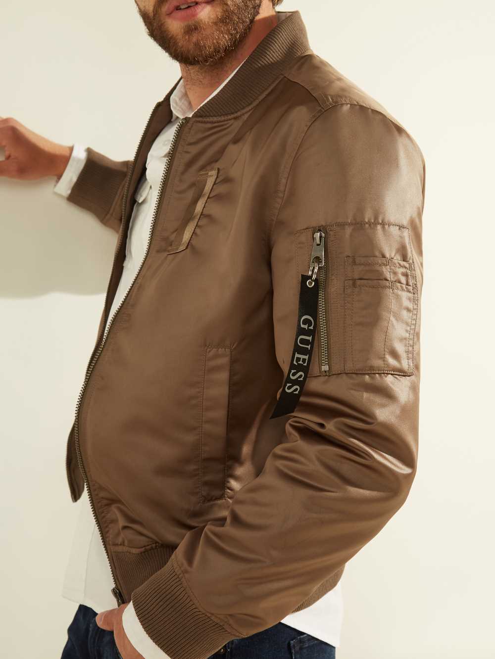 Brown Men's Guess Satin Bomber Jackets Australia Sale | 268VWDNKB