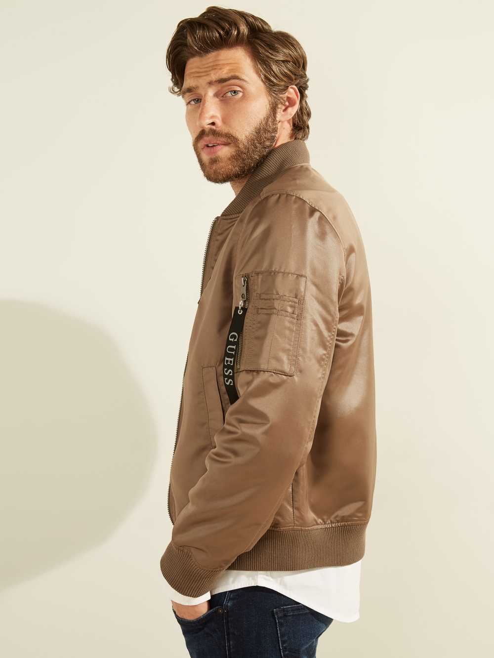 Brown Men's Guess Satin Bomber Jackets Australia Sale | 268VWDNKB