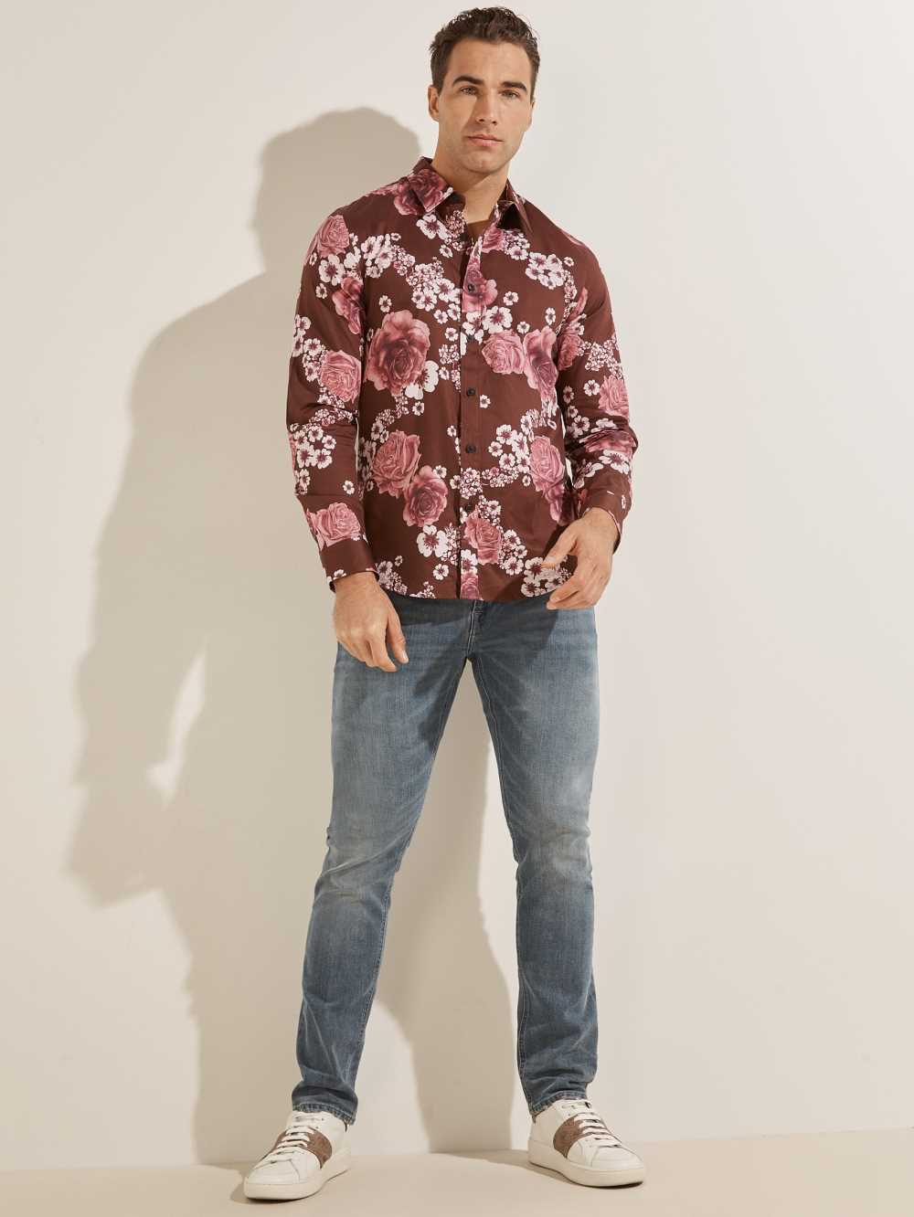 Burgundy Flower Men's Guess Luxe Knoll Garden Shirts Australia Sale | 349KROYVT