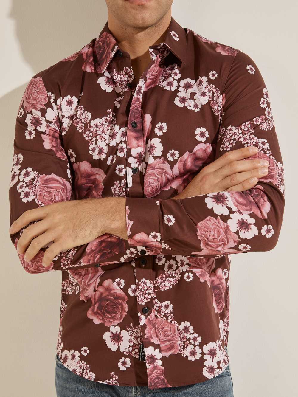 Burgundy Flower Men's Guess Luxe Knoll Garden Shirts Australia Sale | 349KROYVT