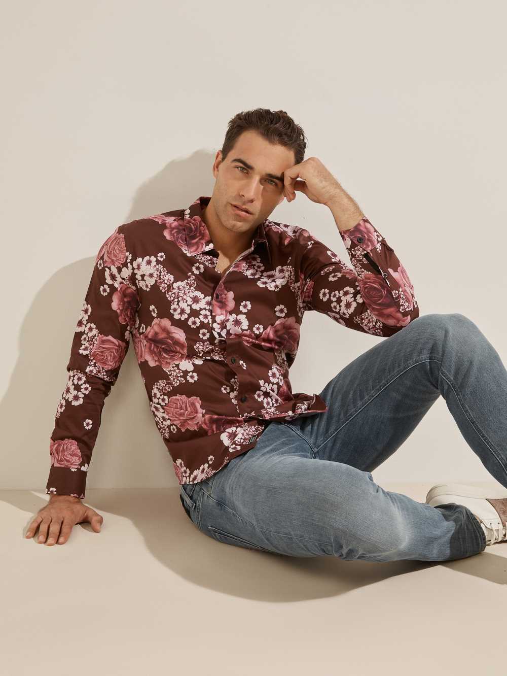 Burgundy Flower Men\'s Guess Luxe Knoll Garden Shirts Australia Sale | 349KROYVT