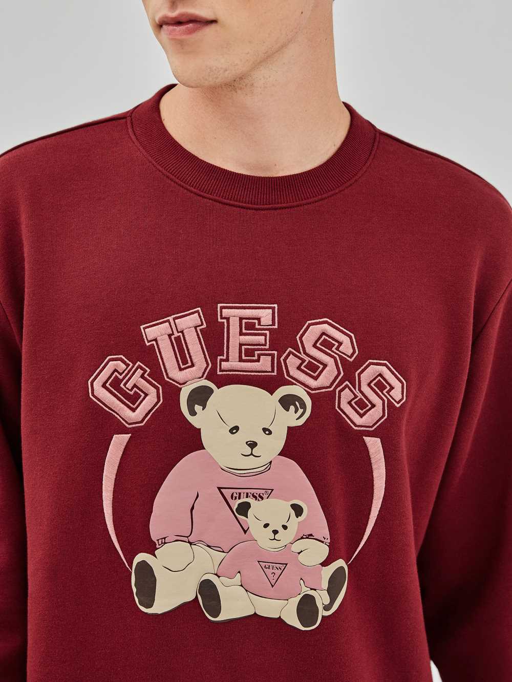 Burgundy Men's Guess Originals Bear Crewneck Sweatshirt Australia Sale | 542LGCPVA