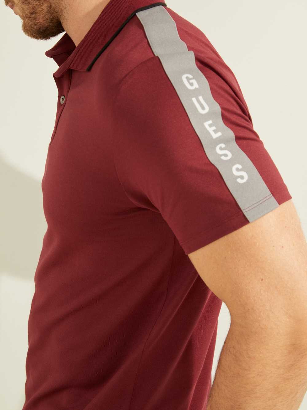 Burgundy Men's Guess Pique Logo-Taping Polo Shirts Australia Sale | 328CQTNLK