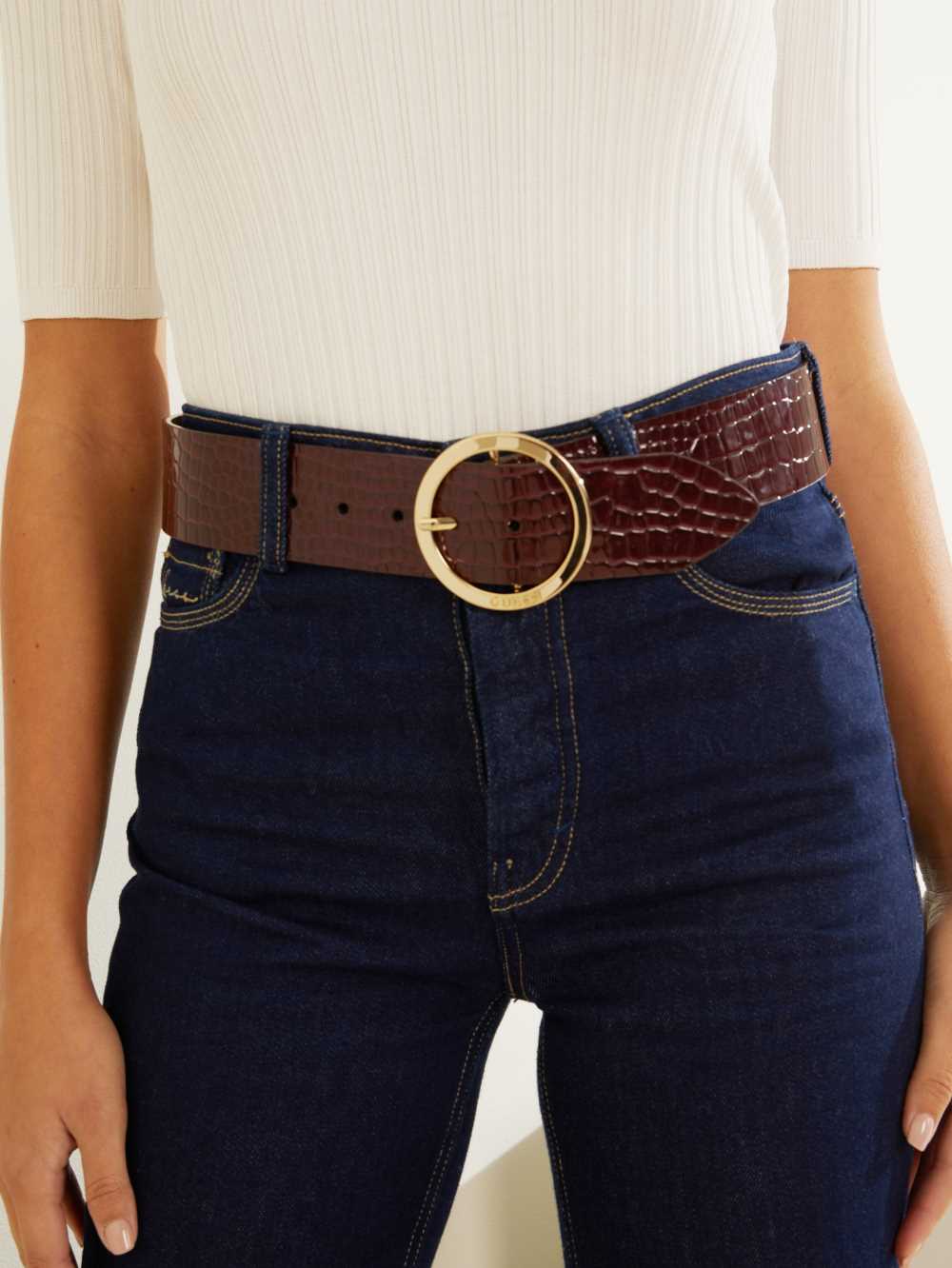 Burgundy Women's Guess Croc Round Buckle Belts Australia Sale | 860JYUCLI