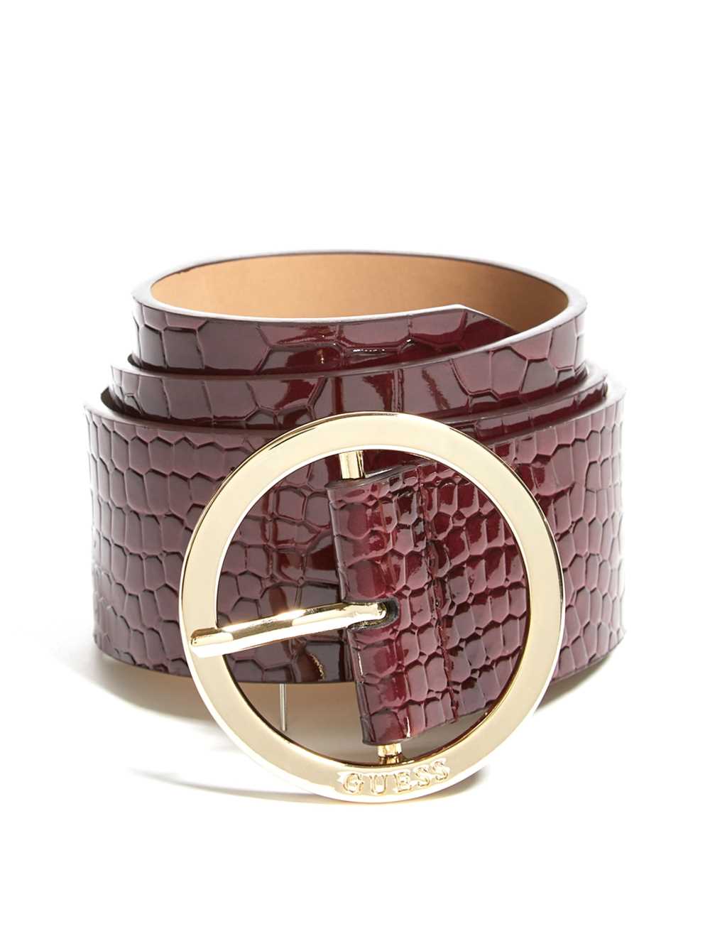 Burgundy Women\'s Guess Croc Round Buckle Belts Australia Sale | 860JYUCLI