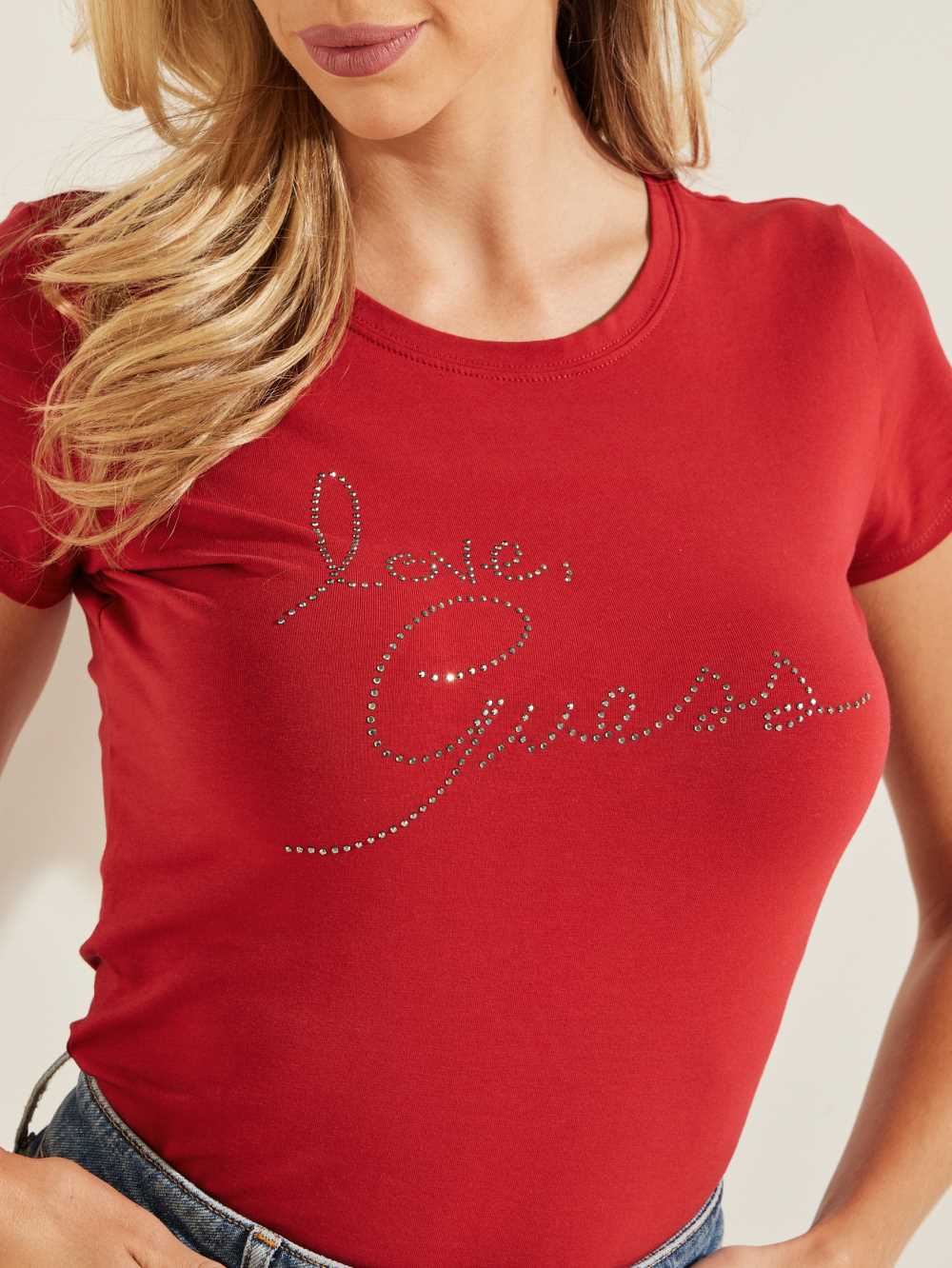 Burgundy Women's Guess Love Rhinestone T-shirt Australia Sale | 903QYHNSE