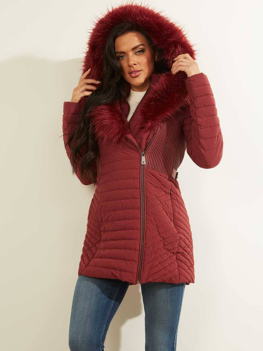 Burgundy Women's Guess Oxana Quilted Jackets Australia Sale | 857GYTXCL