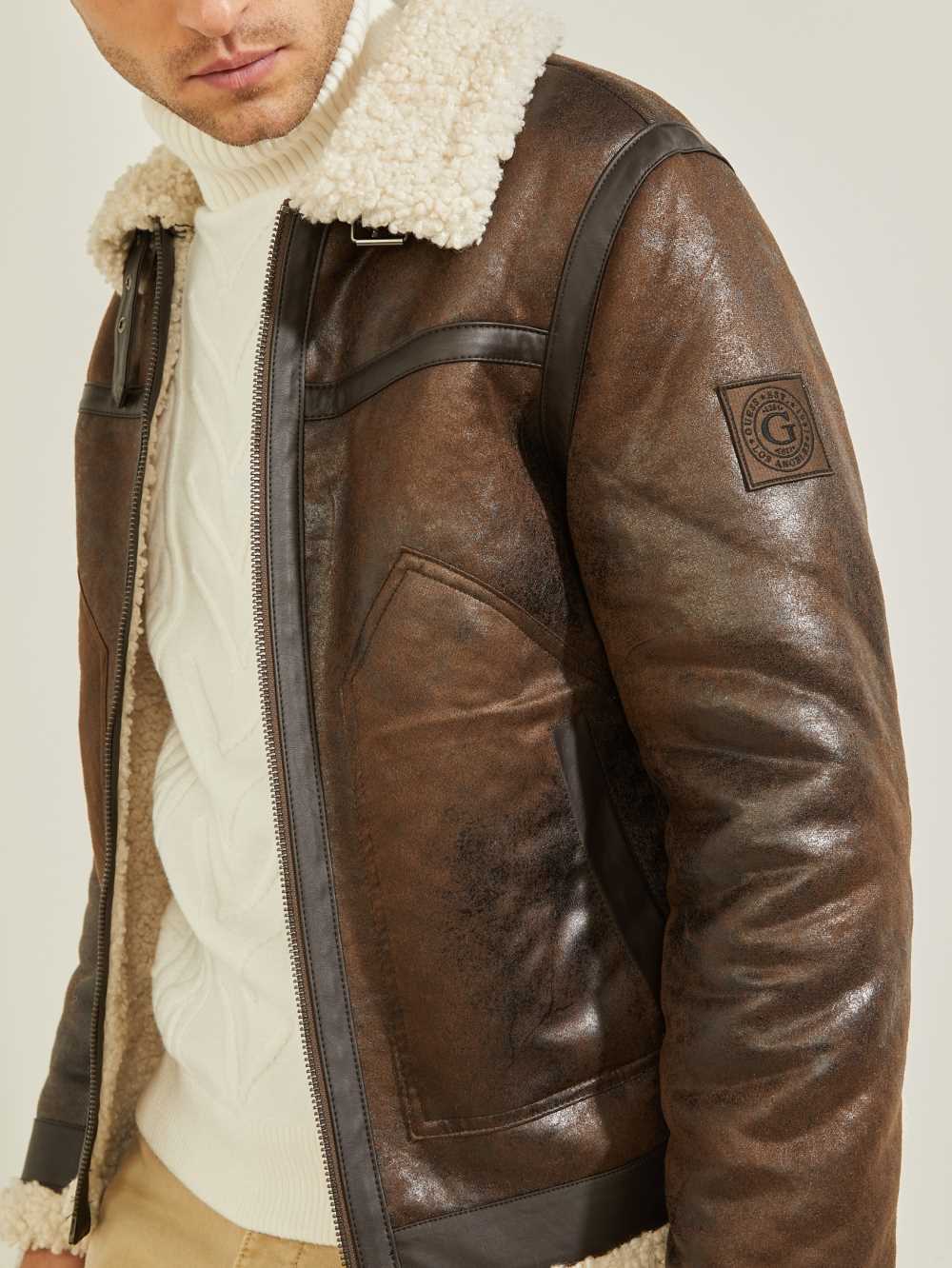 Chocolate Brown Men's Guess Aviator Shearling Jackets Australia Sale | 149JNVBYK