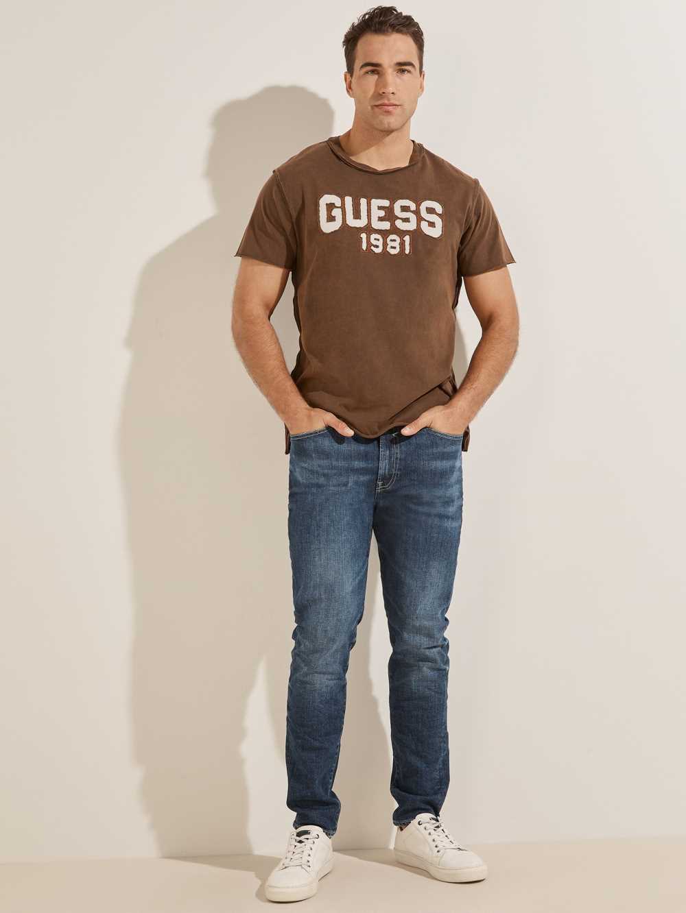 Chocolate Brown Men's Guess Eco Raw Patchwork Logo T-shirt Australia Sale | 291BECFMJ