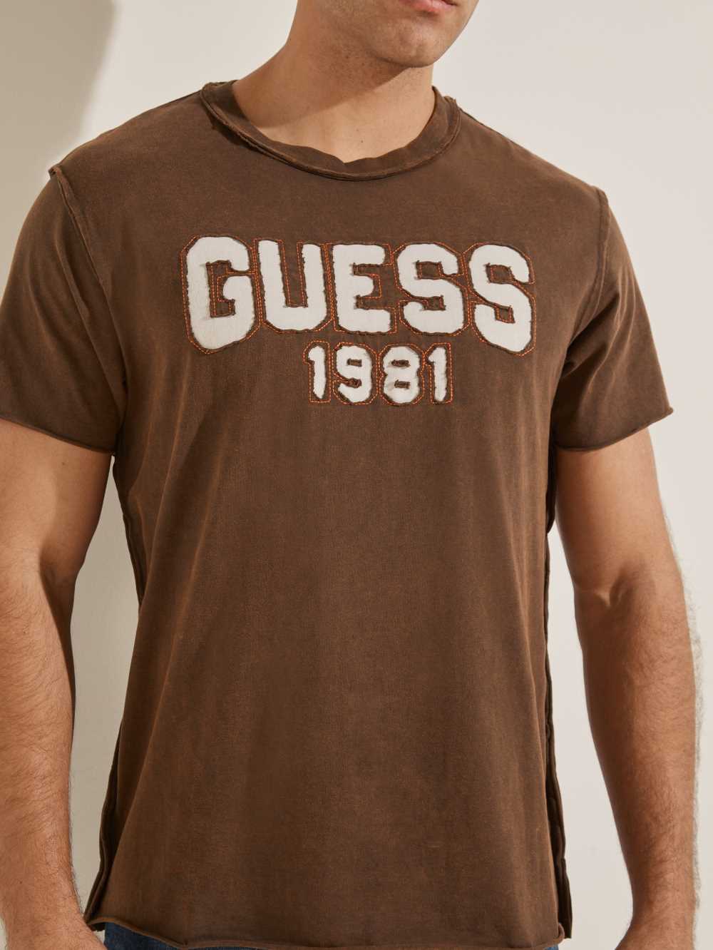 Chocolate Brown Men's Guess Eco Raw Patchwork Logo T-shirt Australia Sale | 291BECFMJ