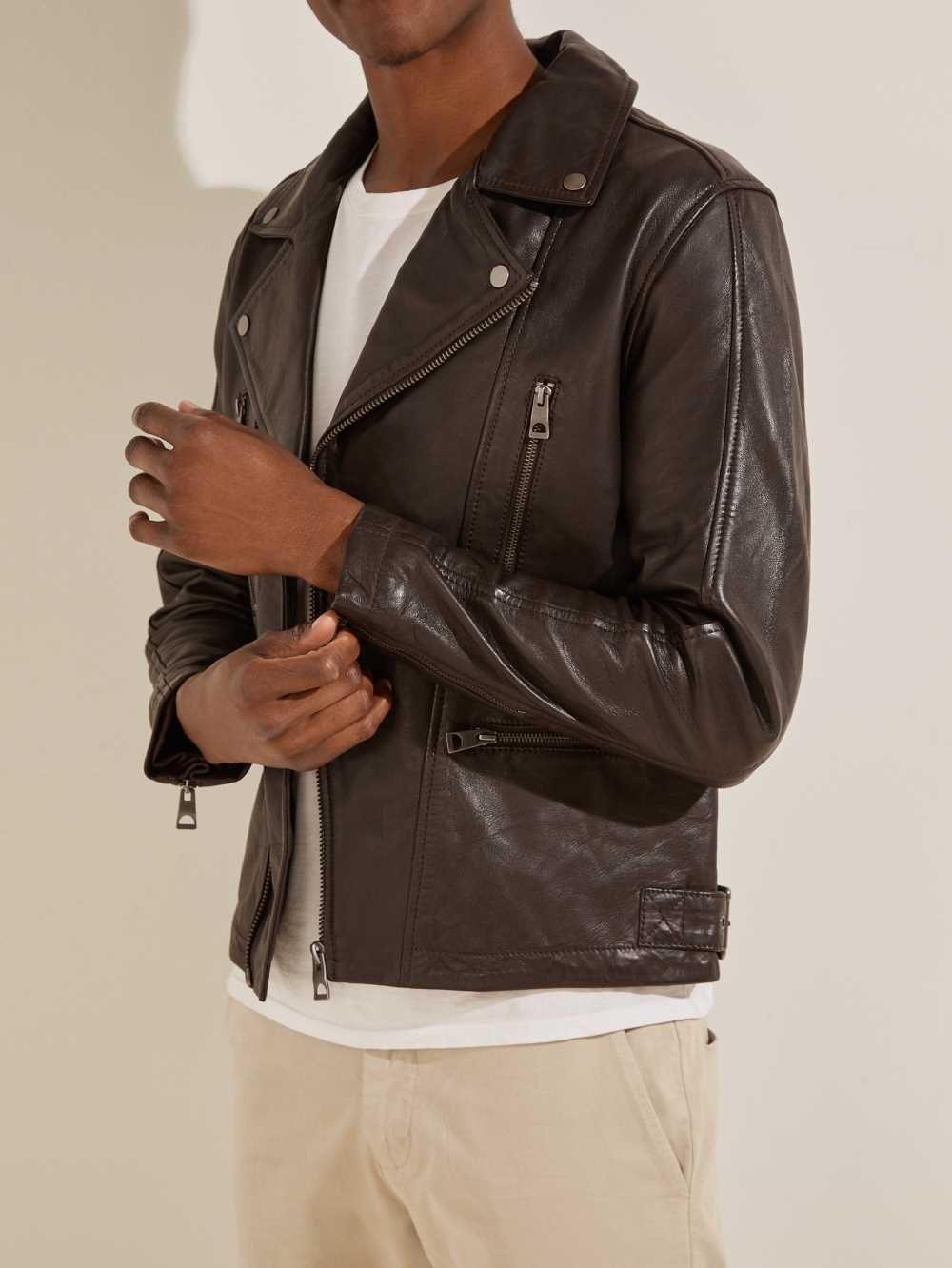 Chocolate Brown Men's Guess Leather Biker Jackets Australia Sale | 319FACZNP