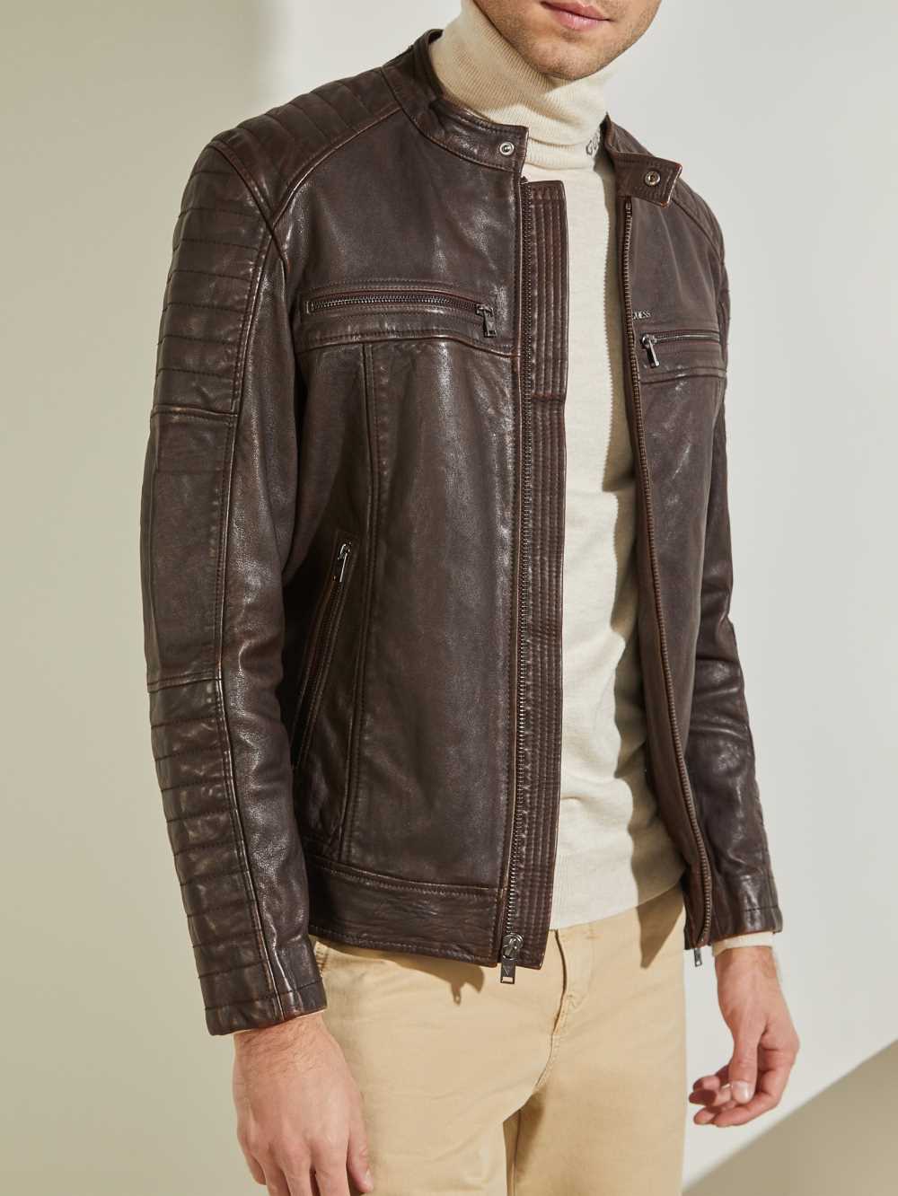 Chocolate Brown Men's Guess Leather Biker Jackets Australia Sale | 714ZFSKLC