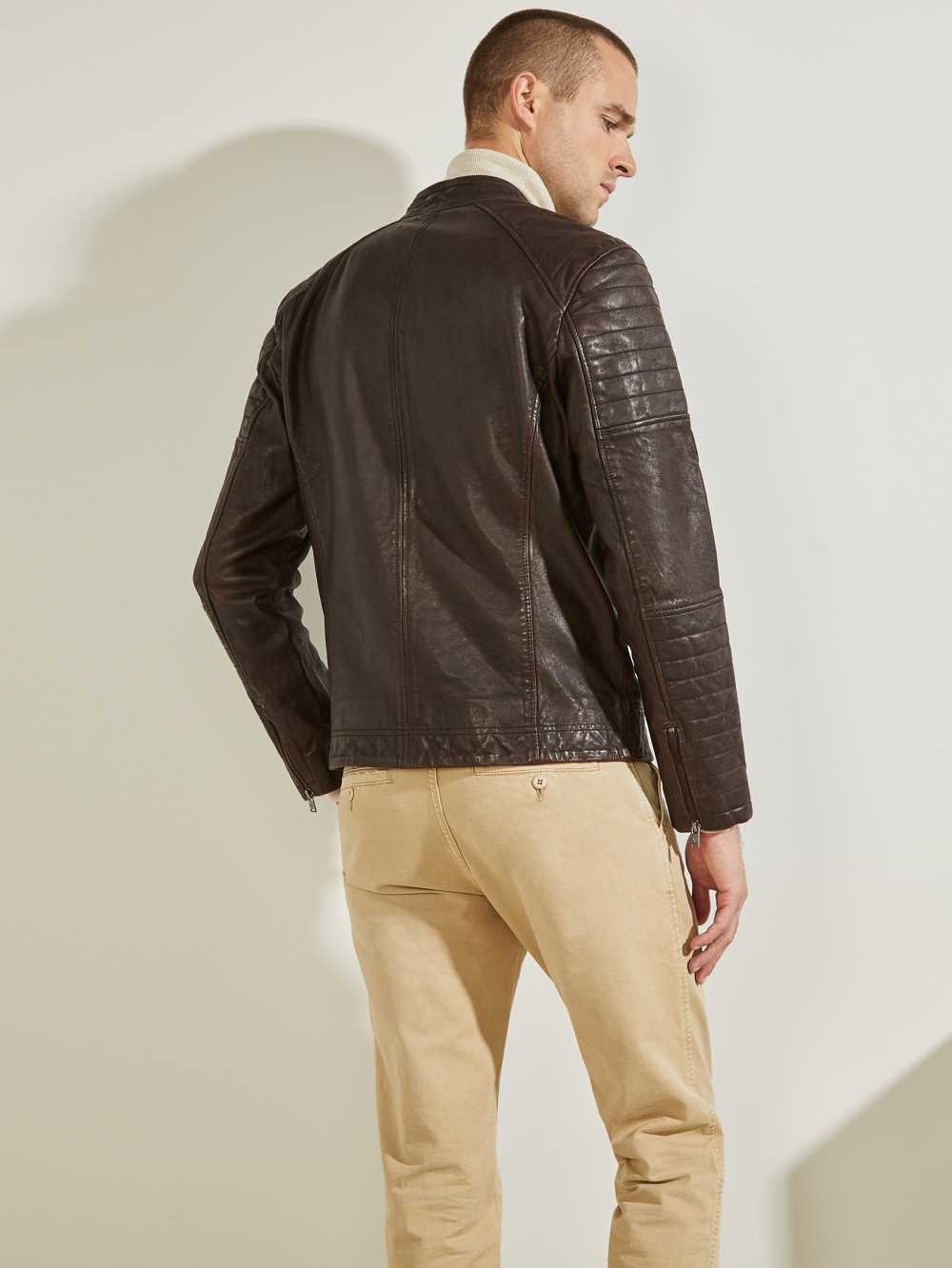 Chocolate Brown Men's Guess Leather Biker Jackets Australia Sale | 714ZFSKLC