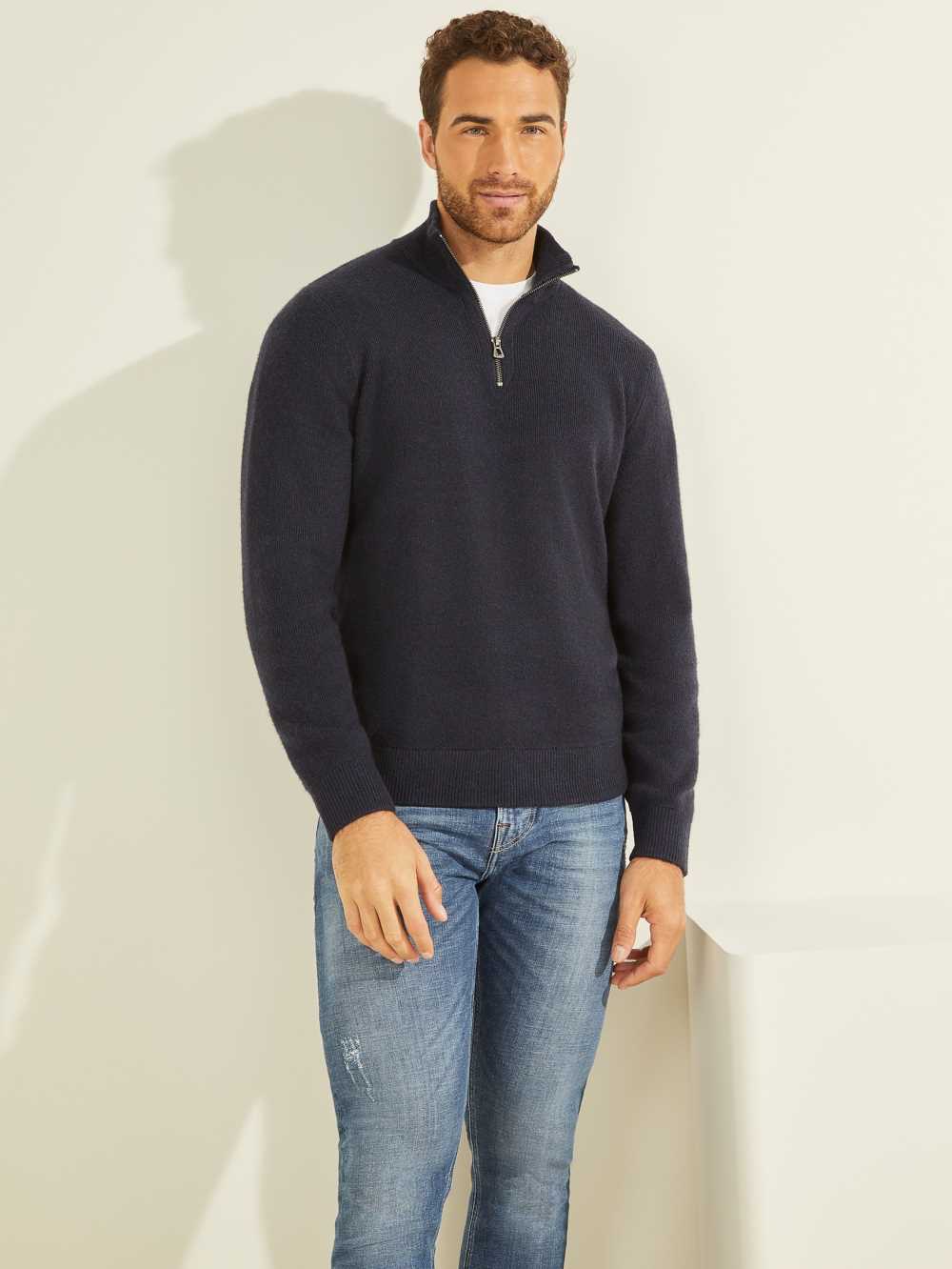 Dark Blue Men\'s Guess Esmere Wool-Blend Zip Sweaters Australia Sale | 481SWXUOI