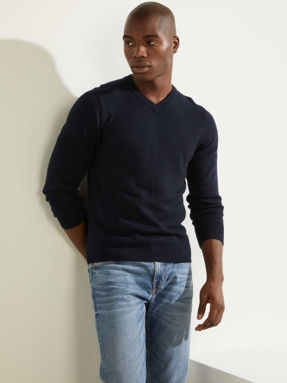 Dark Blue Men\'s Guess Owen V-Neck Sweaters Australia Sale | 168GEAZYM