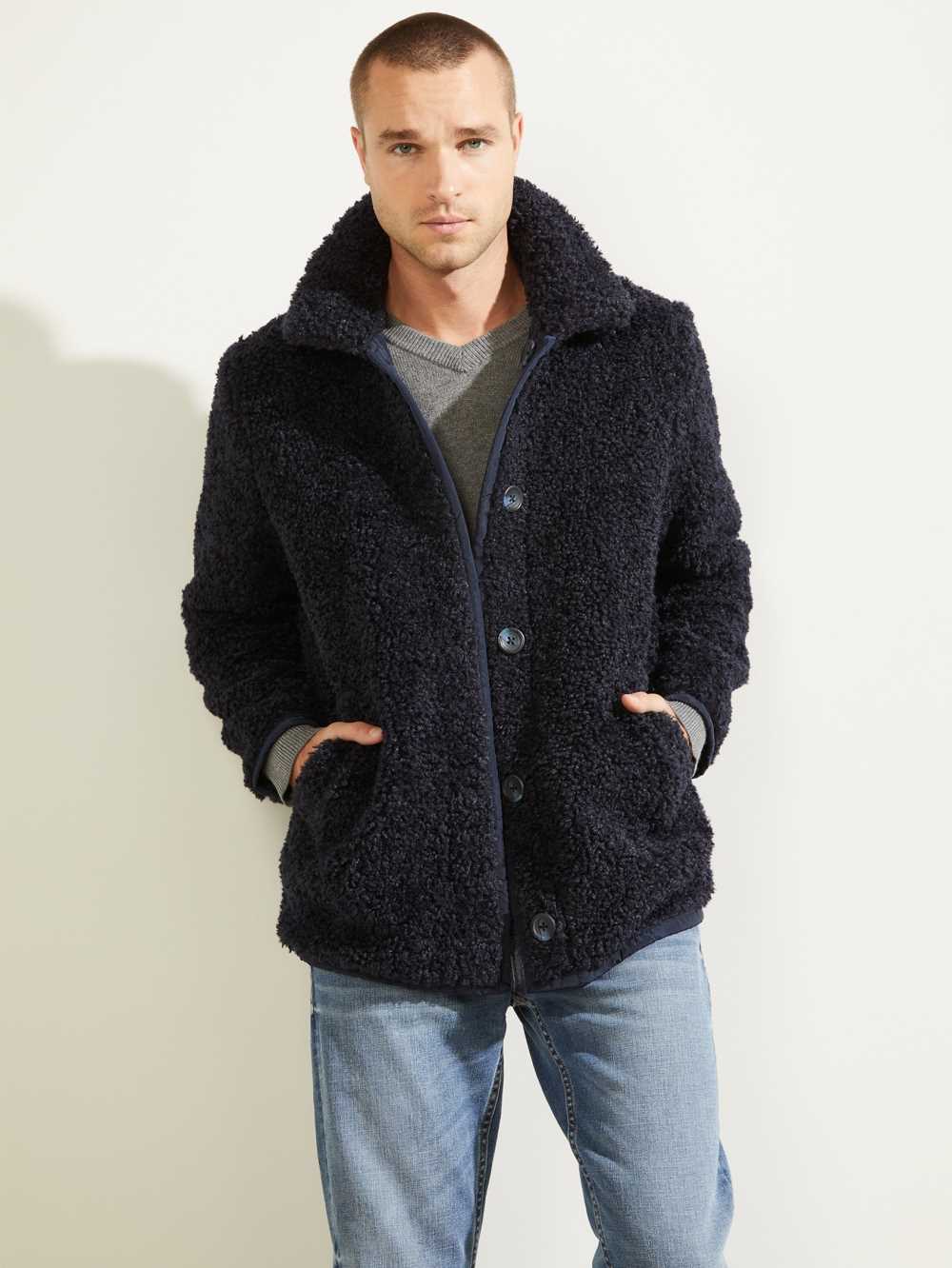 Dark Blue Men's Guess Reversible Nylon Sherpa Peacoat Coats Australia Sale | 470FYSQRW