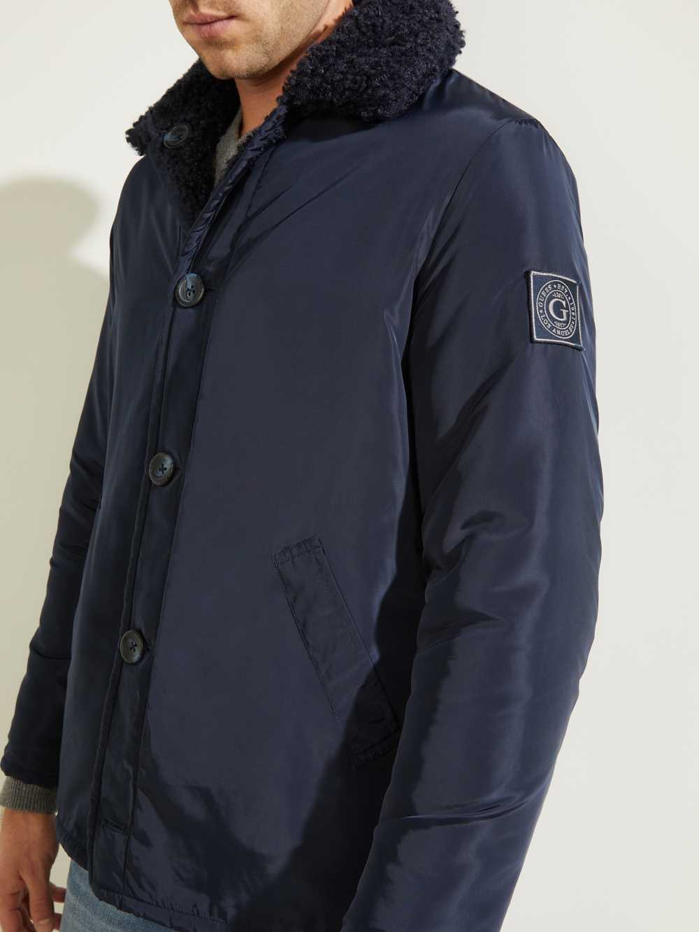 Dark Blue Men's Guess Reversible Nylon Sherpa Peacoat Coats Australia Sale | 470FYSQRW