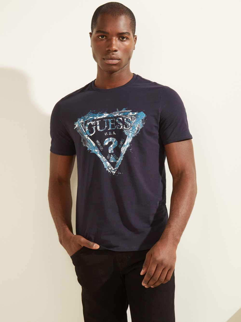 Dark Blue Men\'s Guess Splash T-shirt Australia Sale | 826EJIOZH