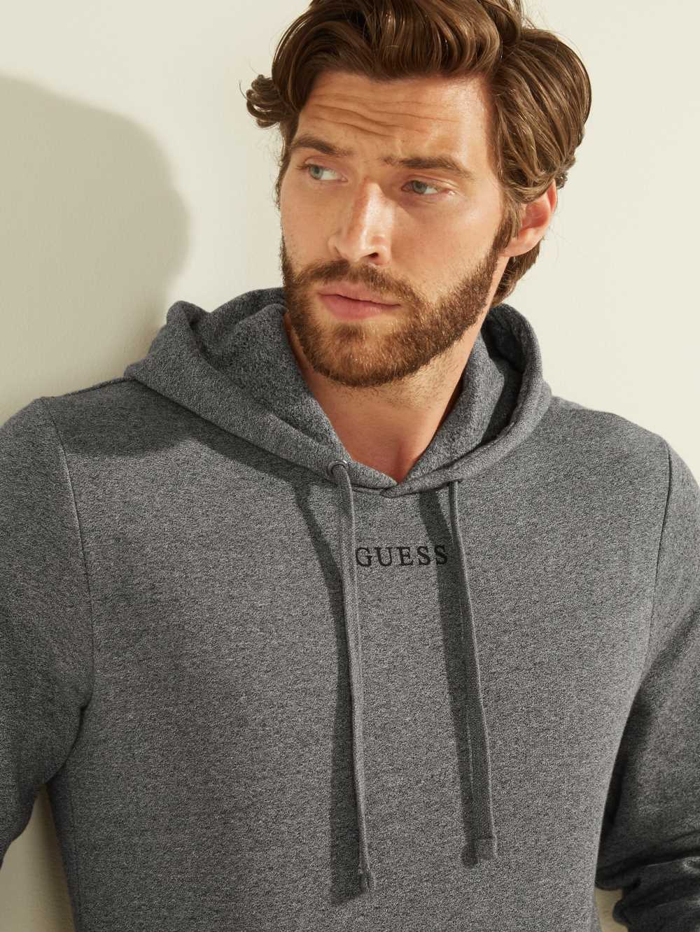 Dark Grey Men's Guess Eco Roy Embroidered Logo Hoodie Australia Sale | 704DMOILP