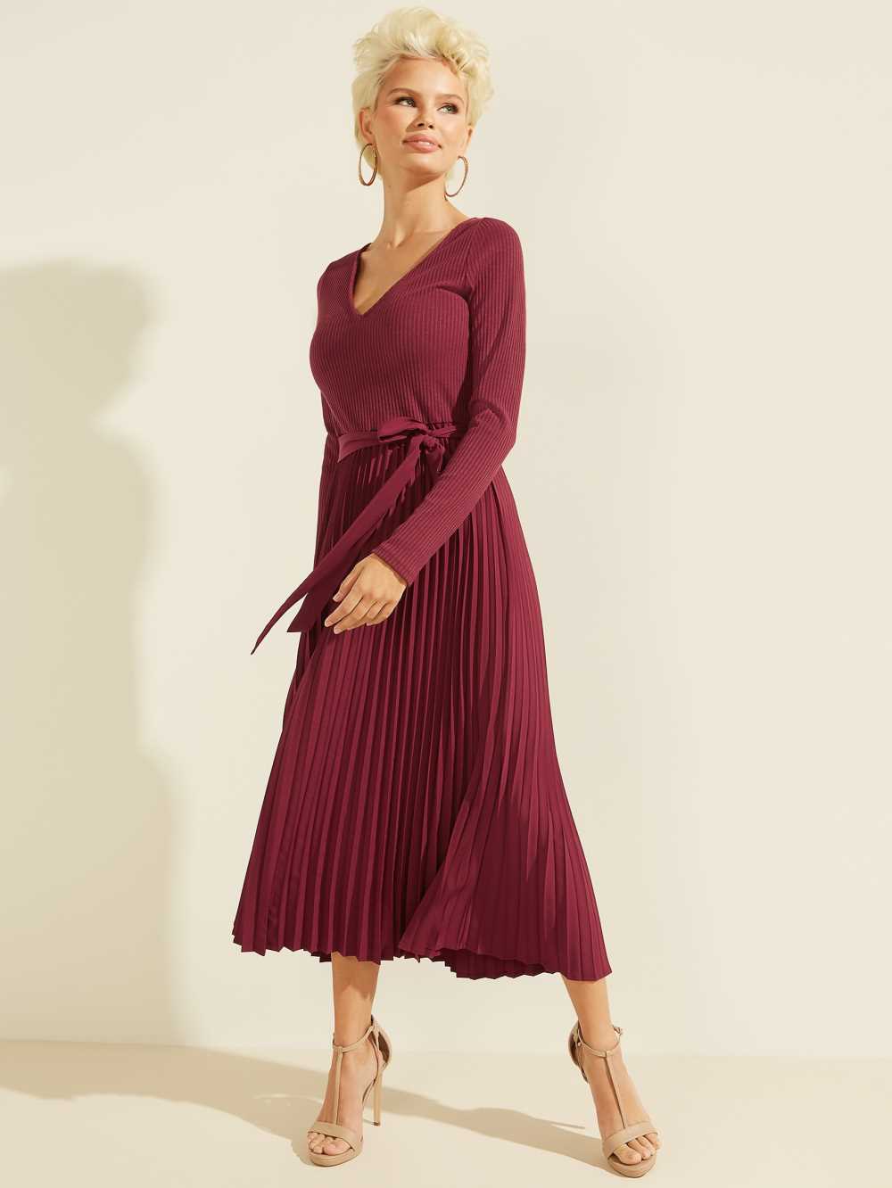 Dark Red Women's Guess Eco Erynn Pleated Long-Sleeve Dresses Australia Sale | 102ZDBYAC