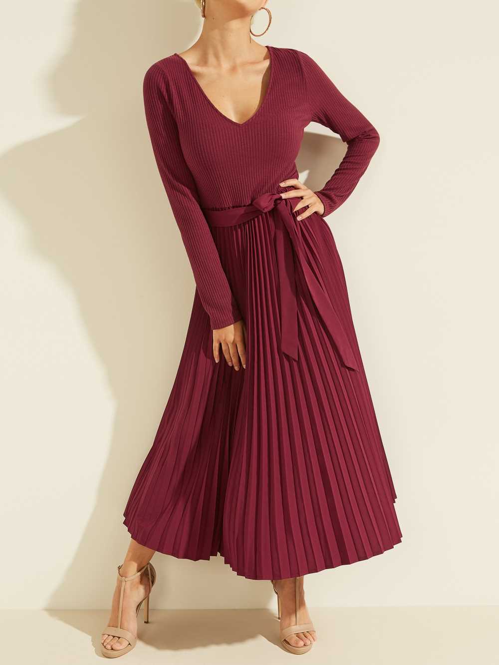 Dark Red Women's Guess Eco Erynn Pleated Long-Sleeve Dresses Australia Sale | 102ZDBYAC