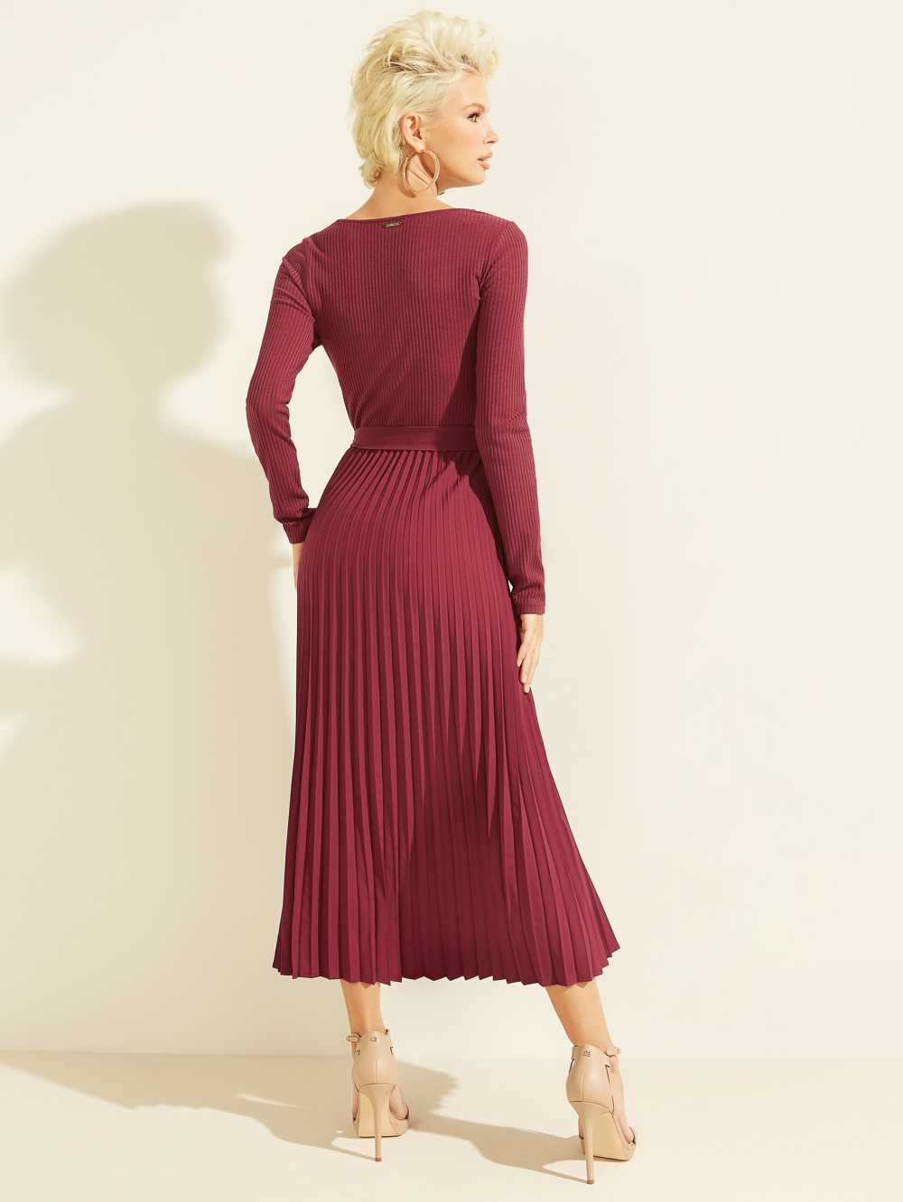 Dark Red Women's Guess Eco Erynn Pleated Long-Sleeve Dresses Australia Sale | 102ZDBYAC