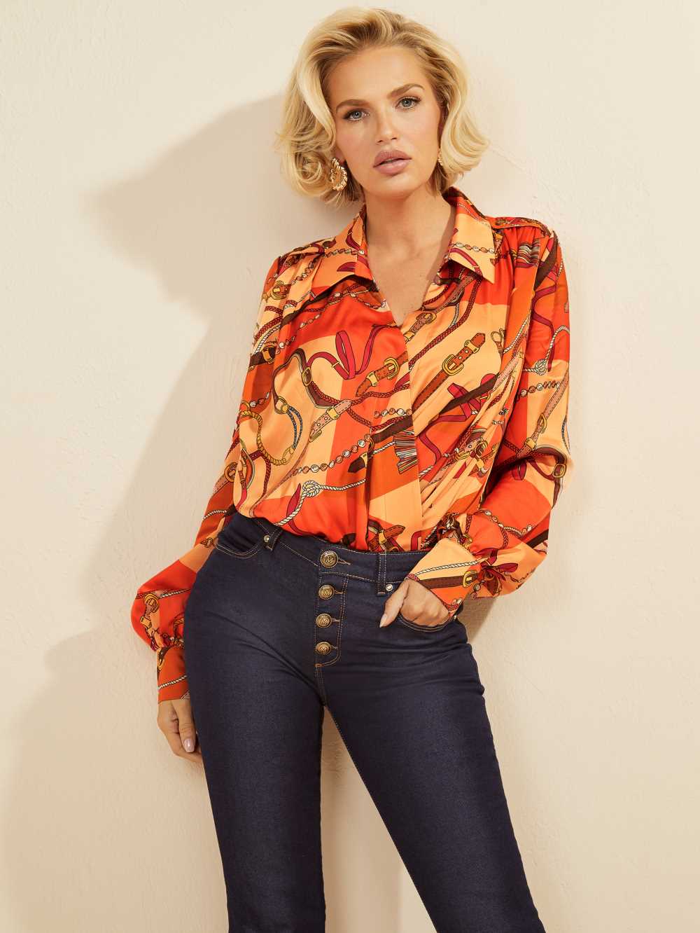 Flower Orange Women's Guess Buckle Retro Bodysuit Australia Sale | 280MDWILS