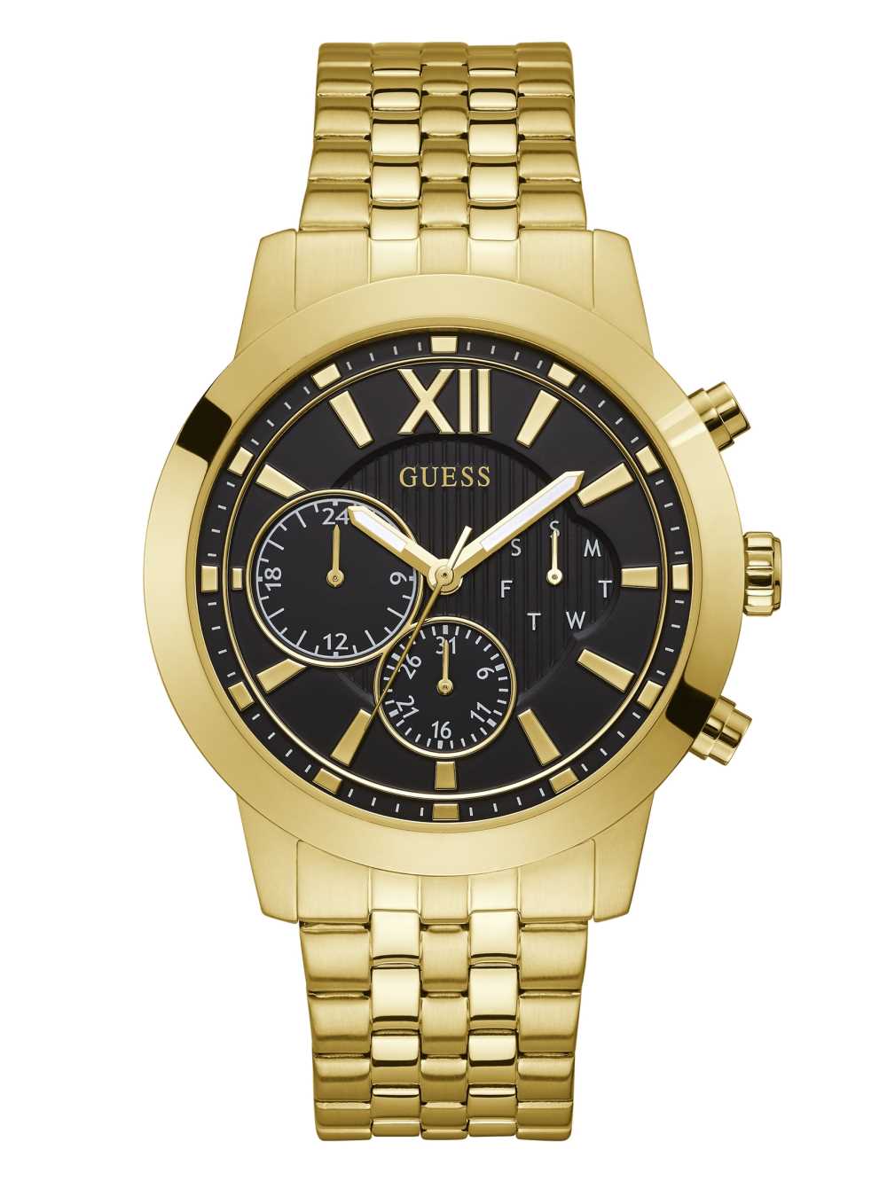 Gold Men\'s Guess Black Gold-Tone Multifunction Watches Australia Sale | 546BWRDYX