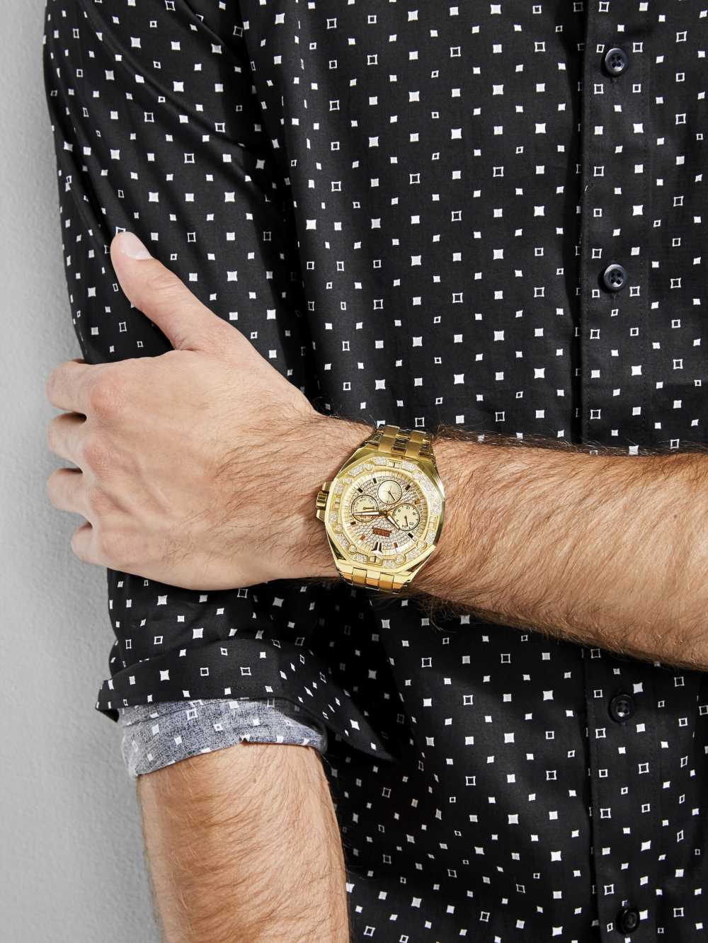 Gold Men's Guess Gold-Tone Rhinestone Multifunction Watches Australia Sale | 623UJIRHT