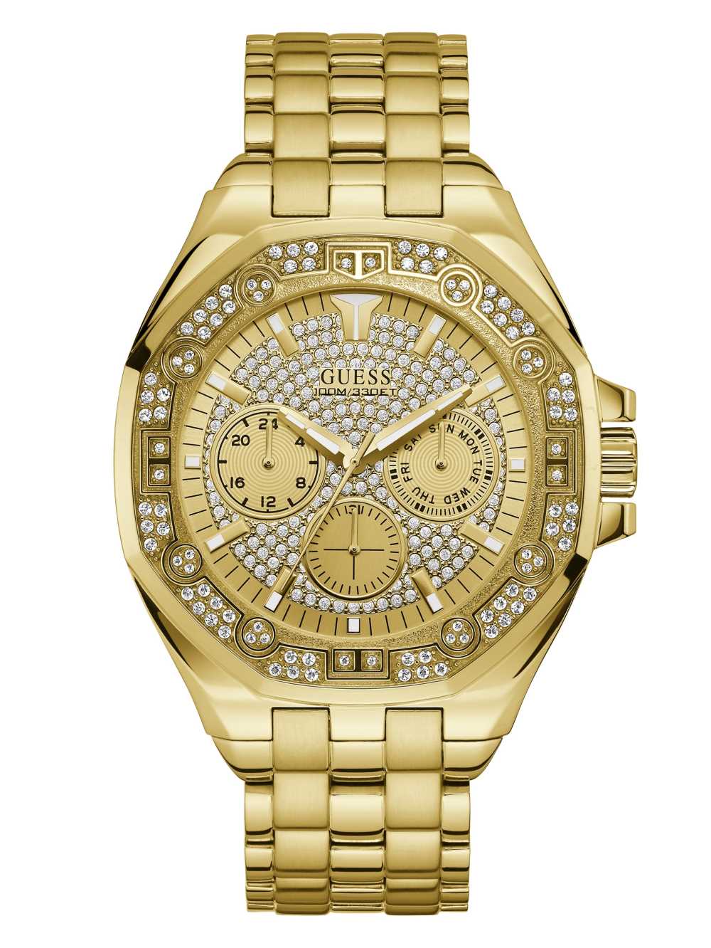 Gold Men\'s Guess Gold-Tone Rhinestone Multifunction Watches Australia Sale | 623UJIRHT