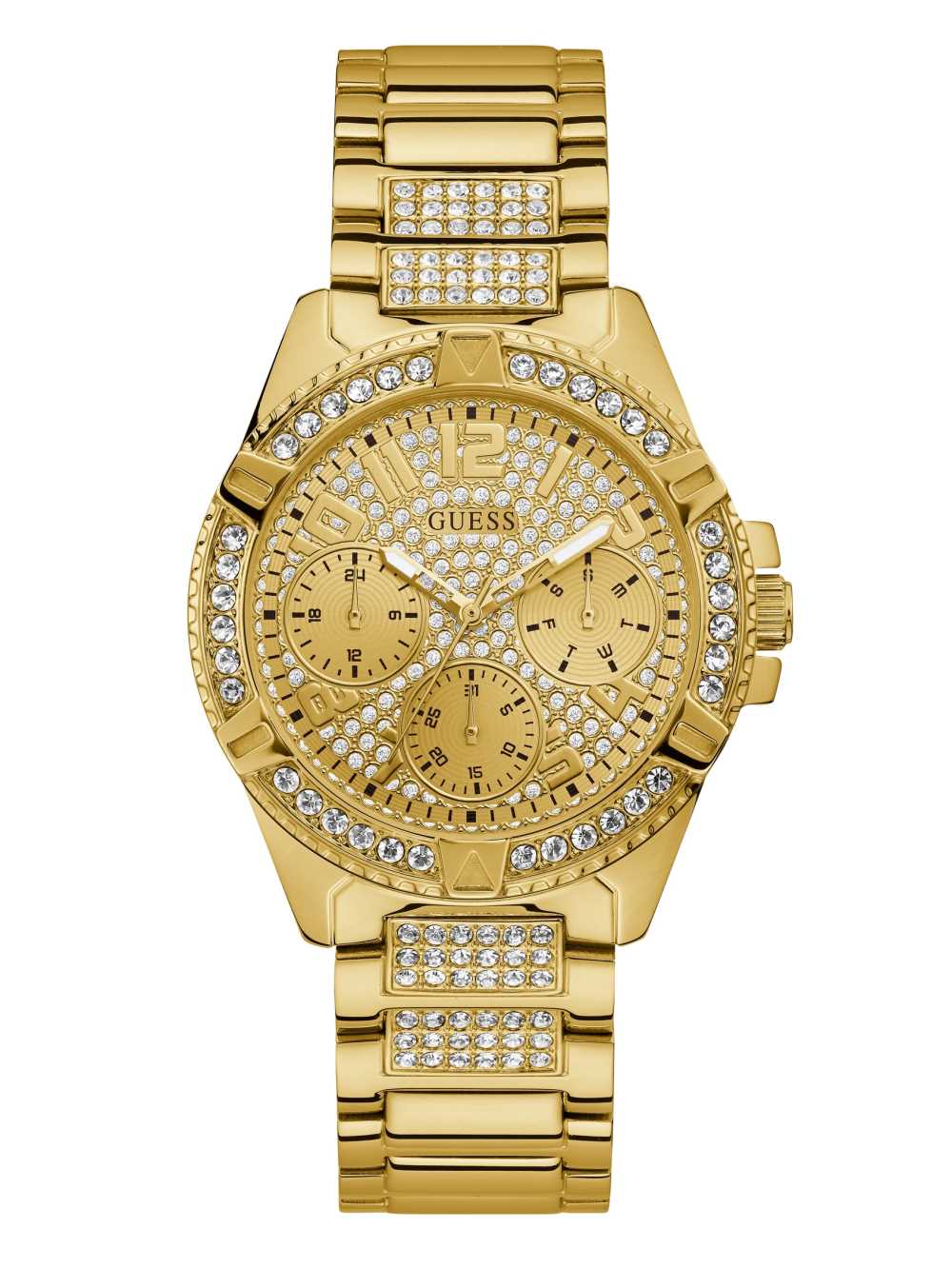 Gold Men\'s Guess Rhinestone Gold-Tone Multifunction Watches Australia Sale | 906SQZFMH