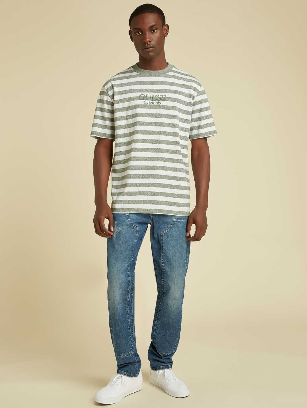 Green Men's Guess Originals Striped T-shirt Australia Sale | 370MTNHRL