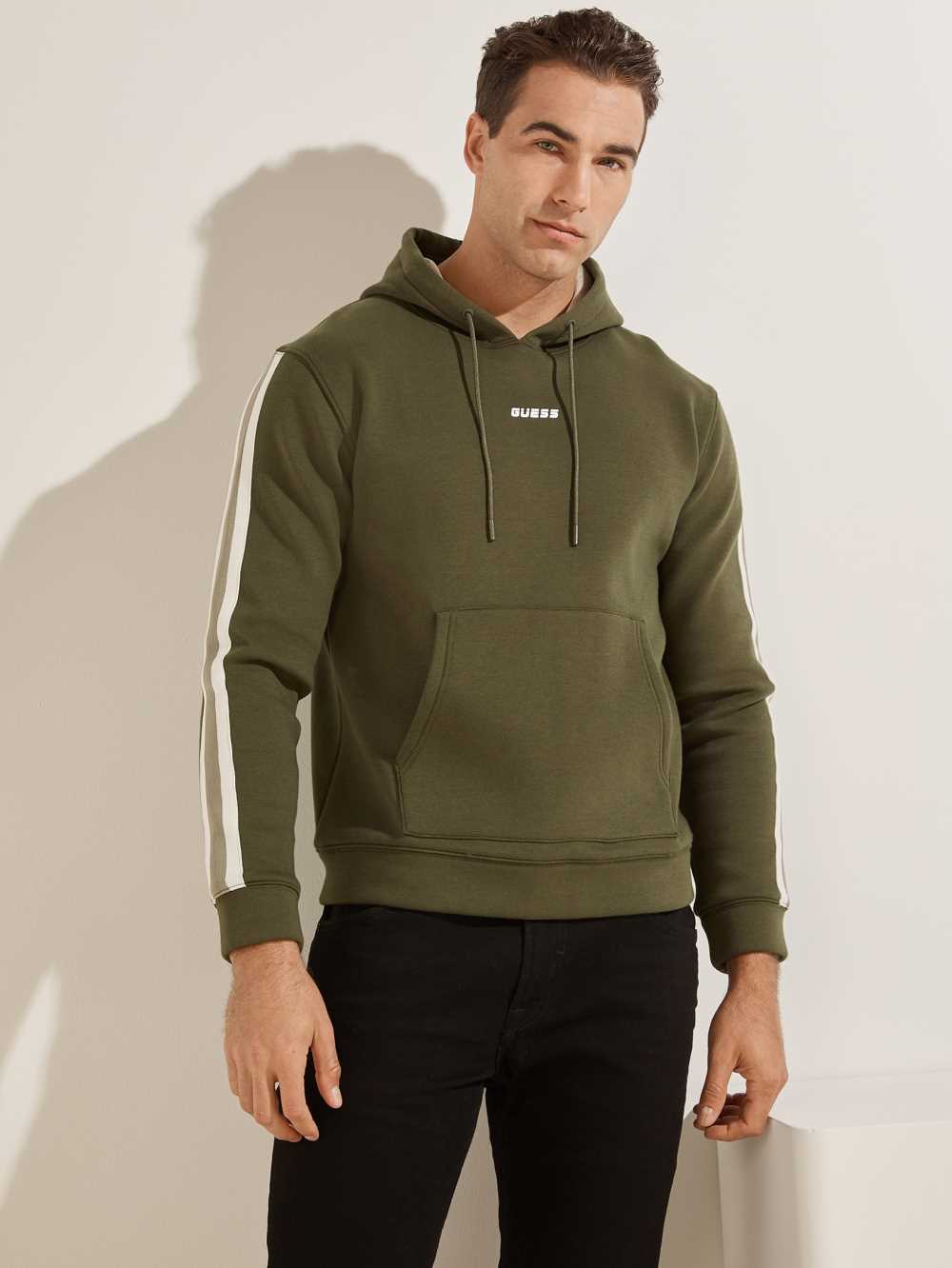 Green Men\'s Guess Side Stripe Hoodie Australia Sale | 568IJMETK