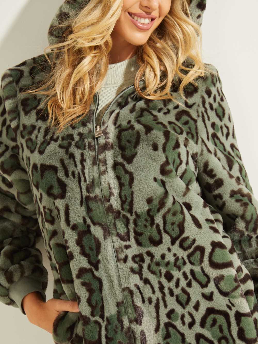 Green Olive Women's Guess Fernanda Leopard Faux-Fur Coats Australia Sale | 301PEYGFU