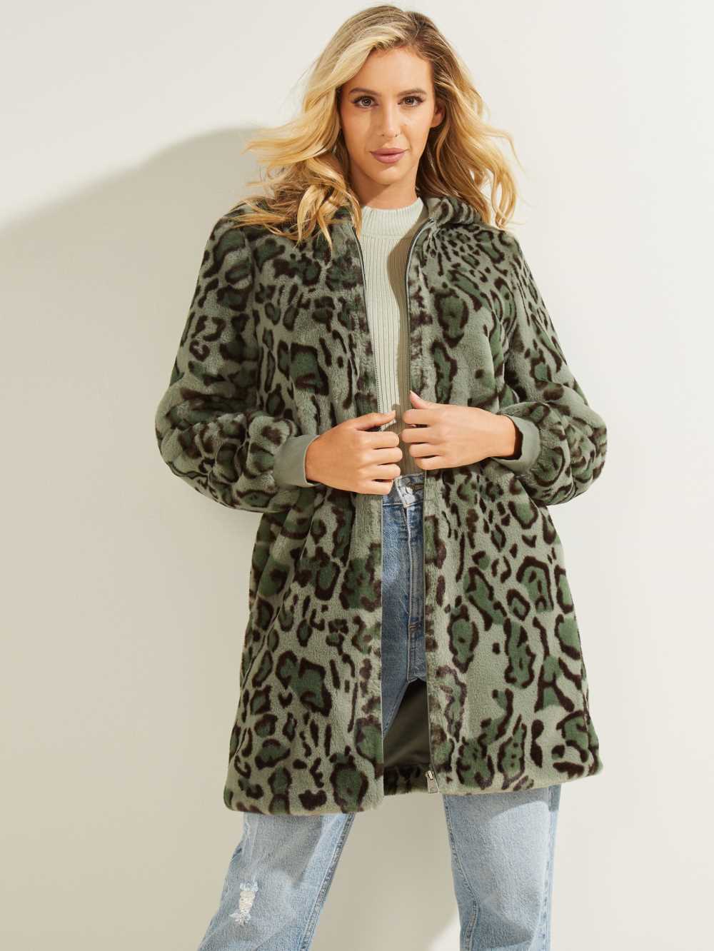 Green Olive Women\'s Guess Fernanda Leopard Faux-Fur Coats Australia Sale | 301PEYGFU