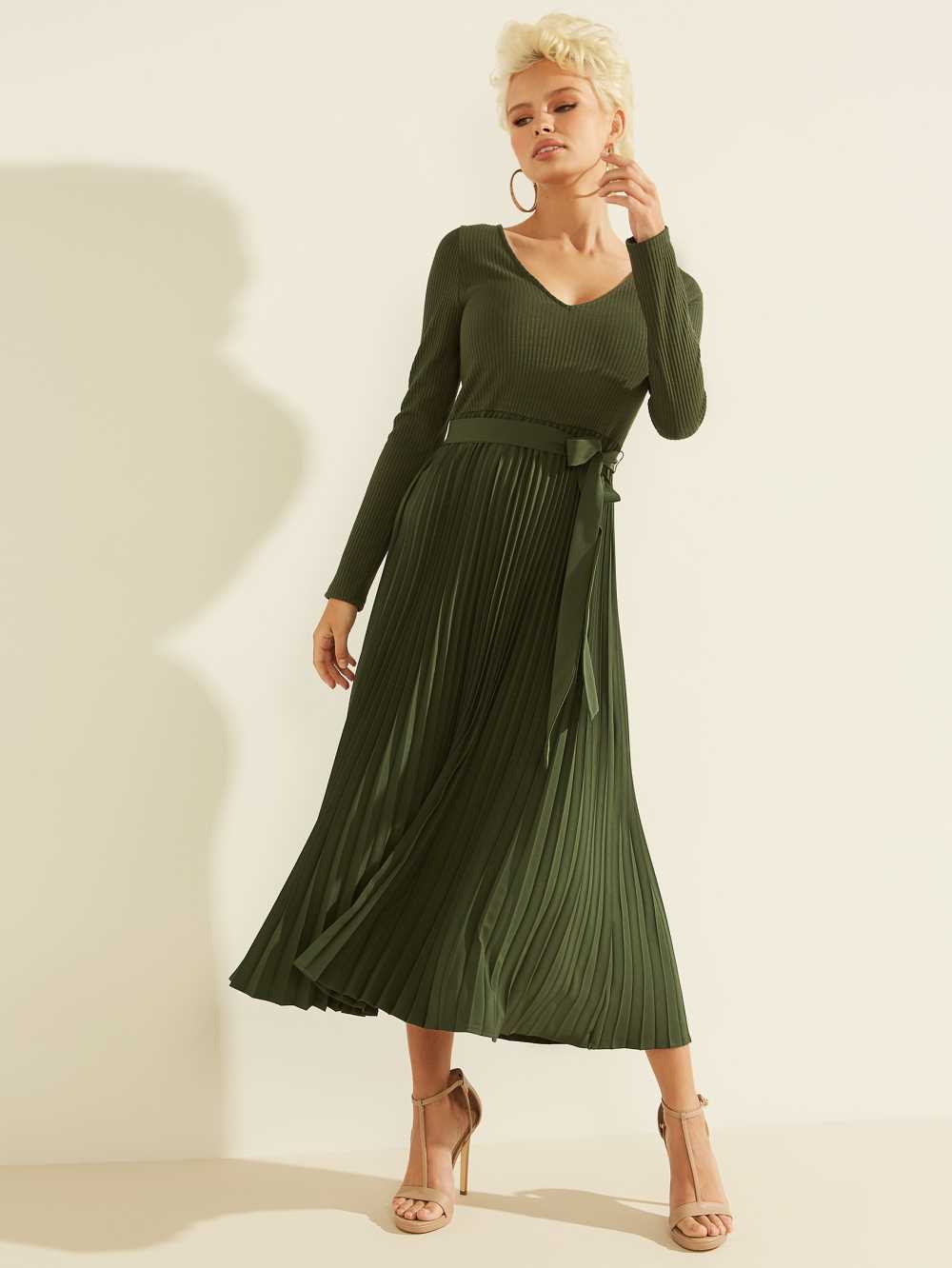 Green Women's Guess Eco Erynn Pleated Long-Sleeve Dresses Australia Sale | 648EZMORN