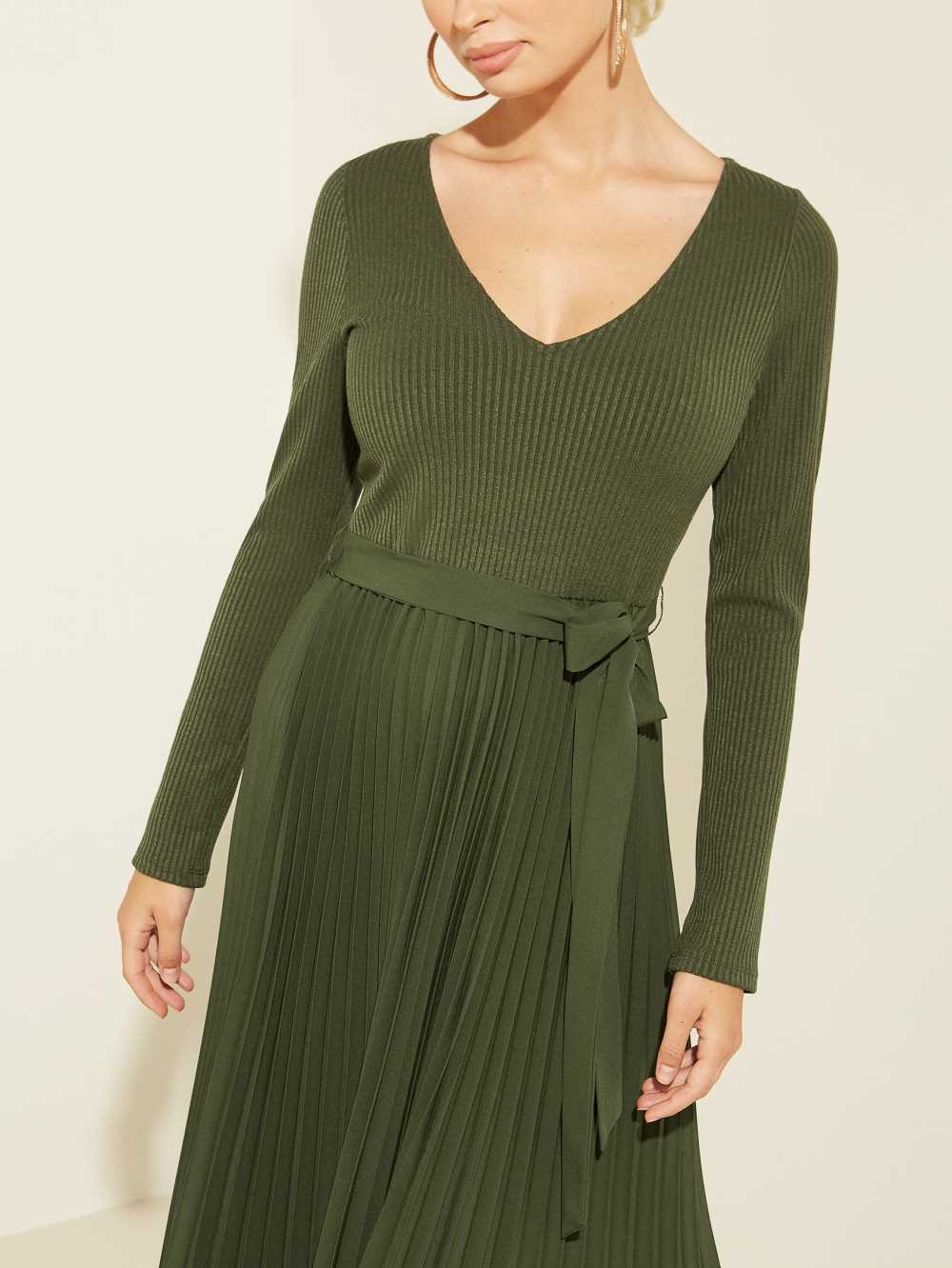 Green Women's Guess Eco Erynn Pleated Long-Sleeve Dresses Australia Sale | 648EZMORN