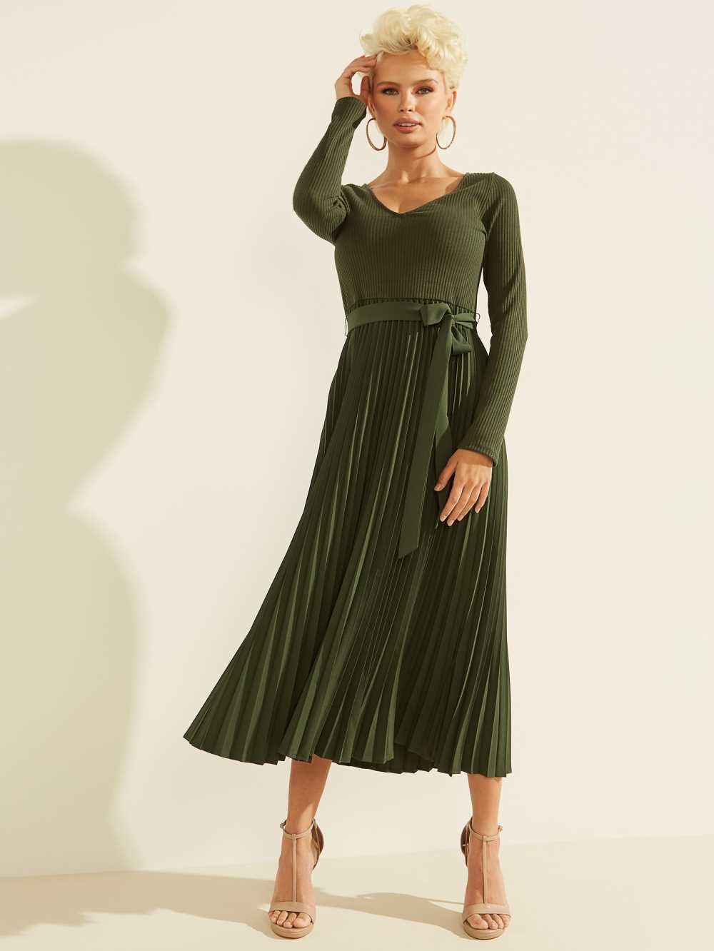 Green Women\'s Guess Eco Erynn Pleated Long-Sleeve Dresses Australia Sale | 648EZMORN